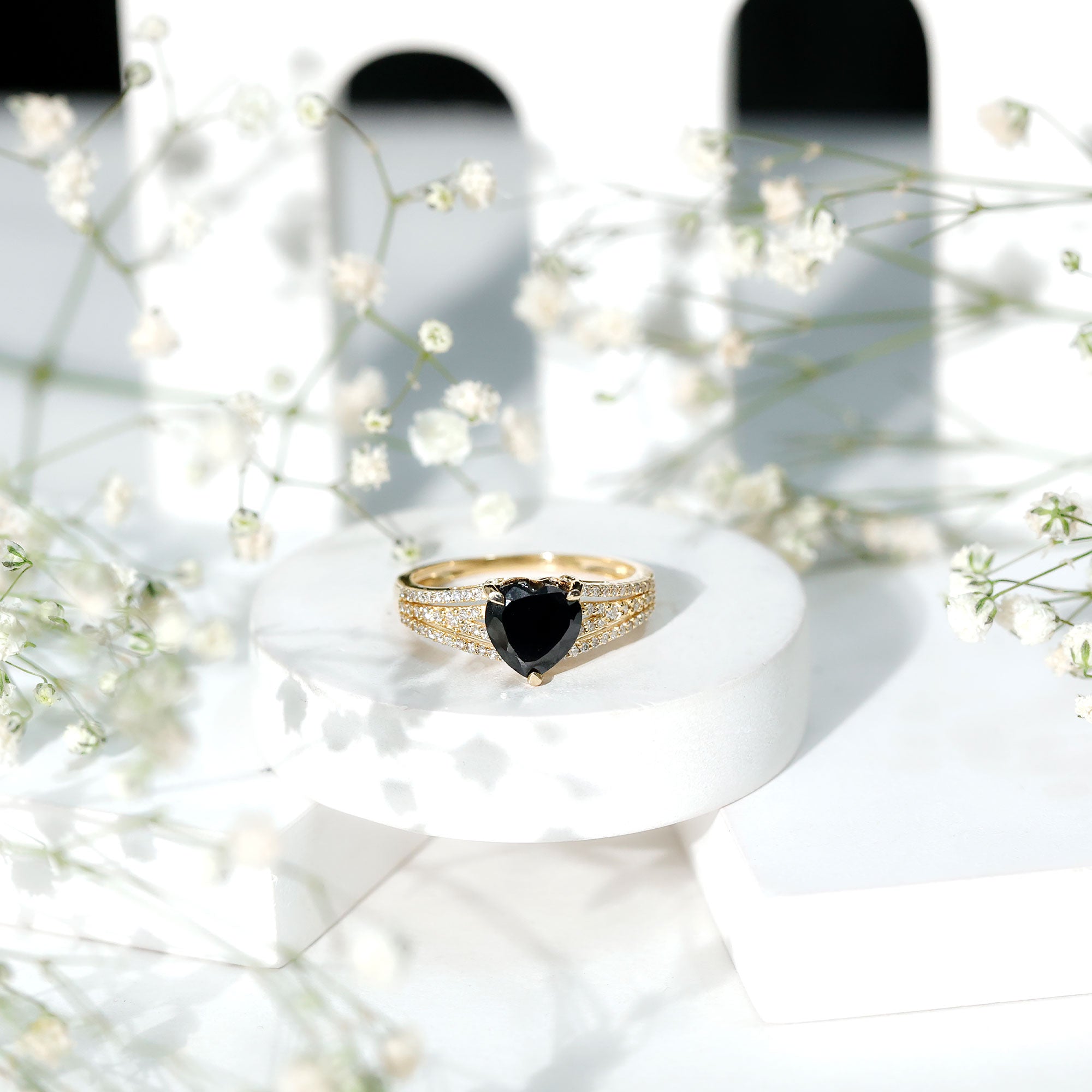 Certified 2.4 Carat Lab Grown Black Diamond Heart Engagement Ring with White Diamond Split Shank