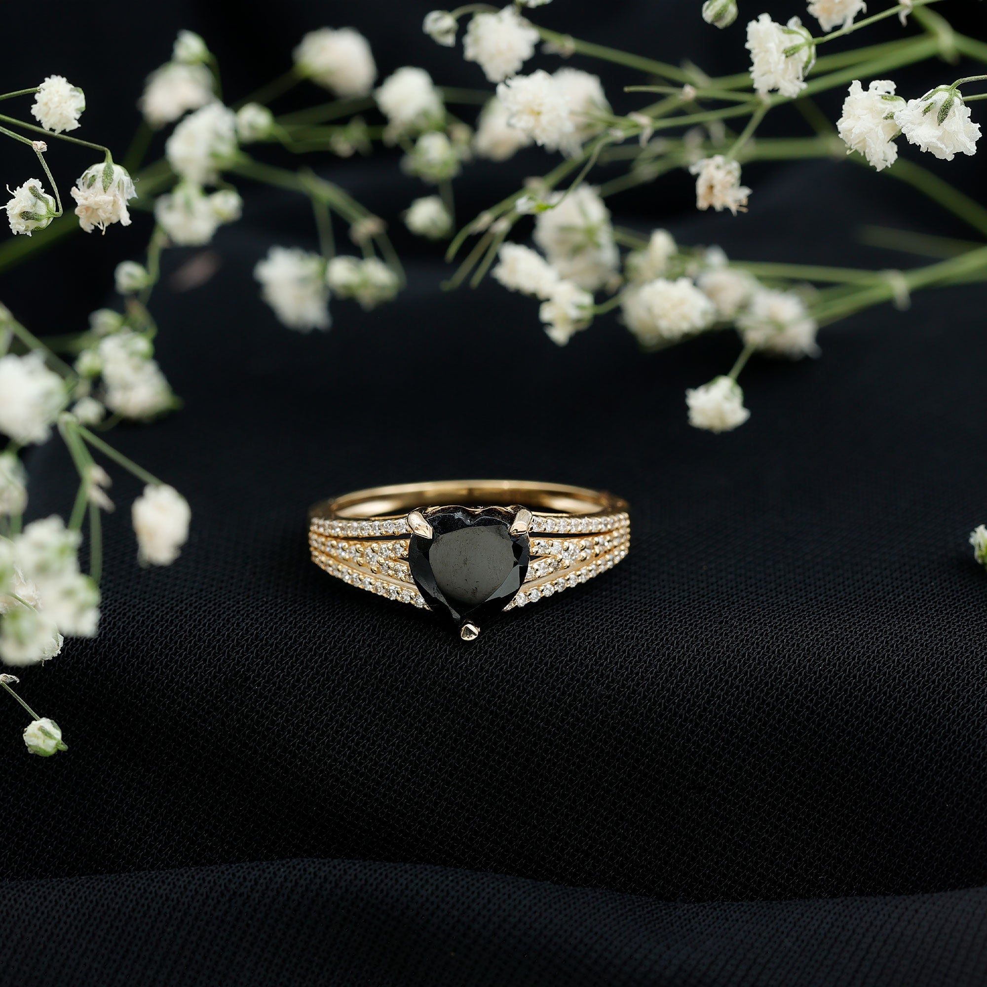 Certified 2.4 Carat Lab Grown Black Diamond Heart Engagement Ring with White Diamond Split Shank