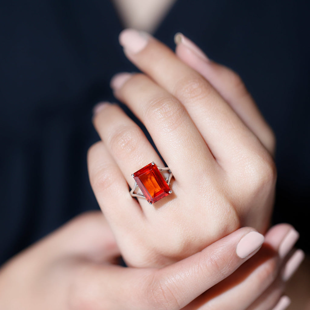 9 Carat Lab Grown Orange Sapphire Emerald Cut Engagement Ring with Split Shank