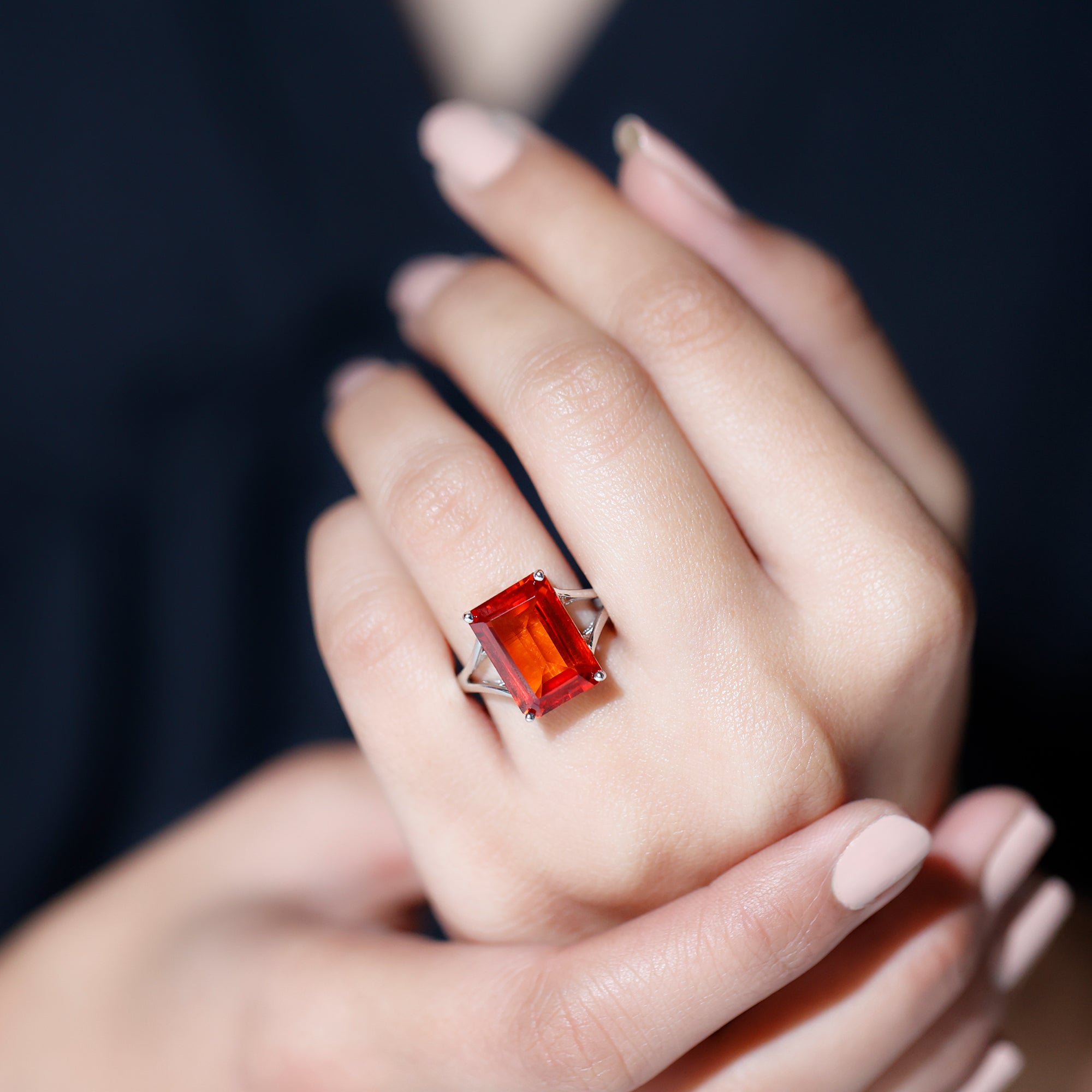 9 Carat Lab Grown Orange Sapphire Emerald Cut Engagement Ring with Split Shank
