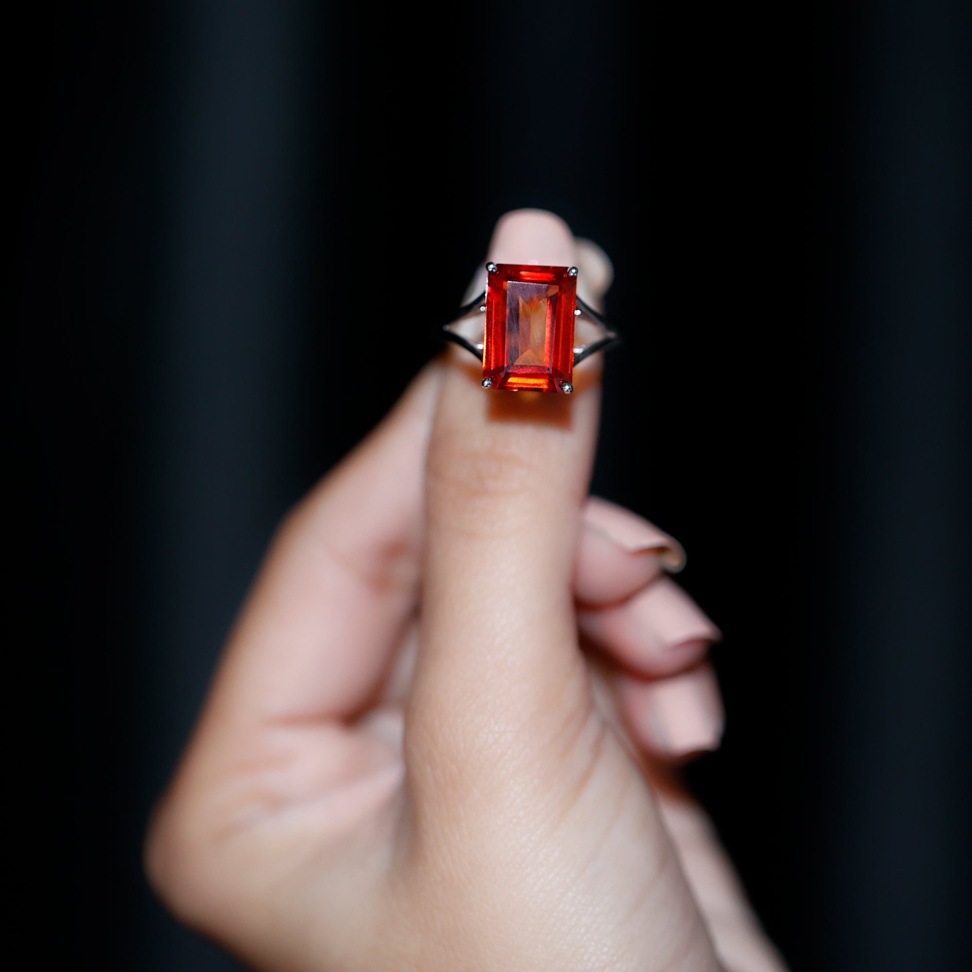 9 Carat Lab Grown Orange Sapphire Emerald Cut Engagement Ring with Split Shank