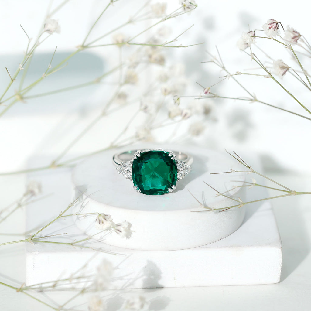 Lab Grown Emerald 9 Carat Cushion Cut Engagement Ring with Diamond Trio