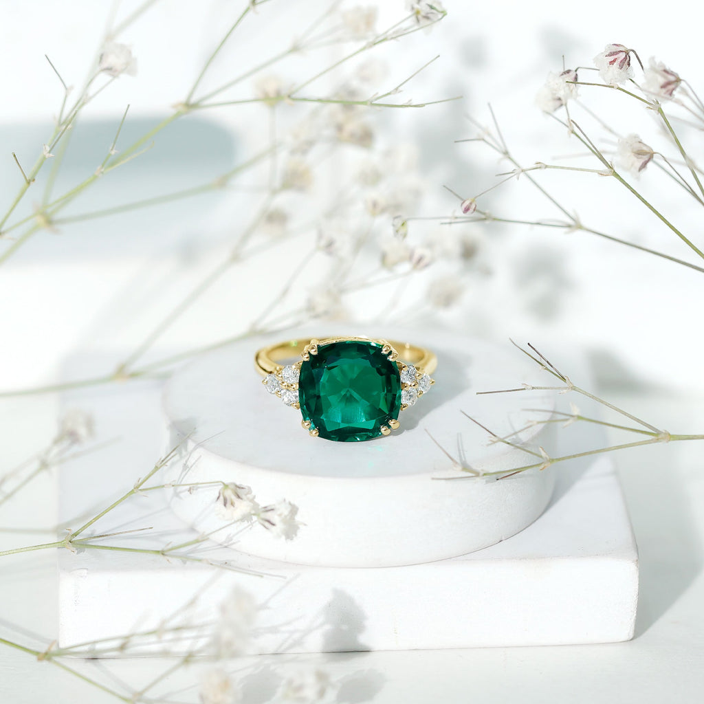 Lab Grown Emerald 9 Carat Cushion Cut Engagement Ring with Diamond Trio