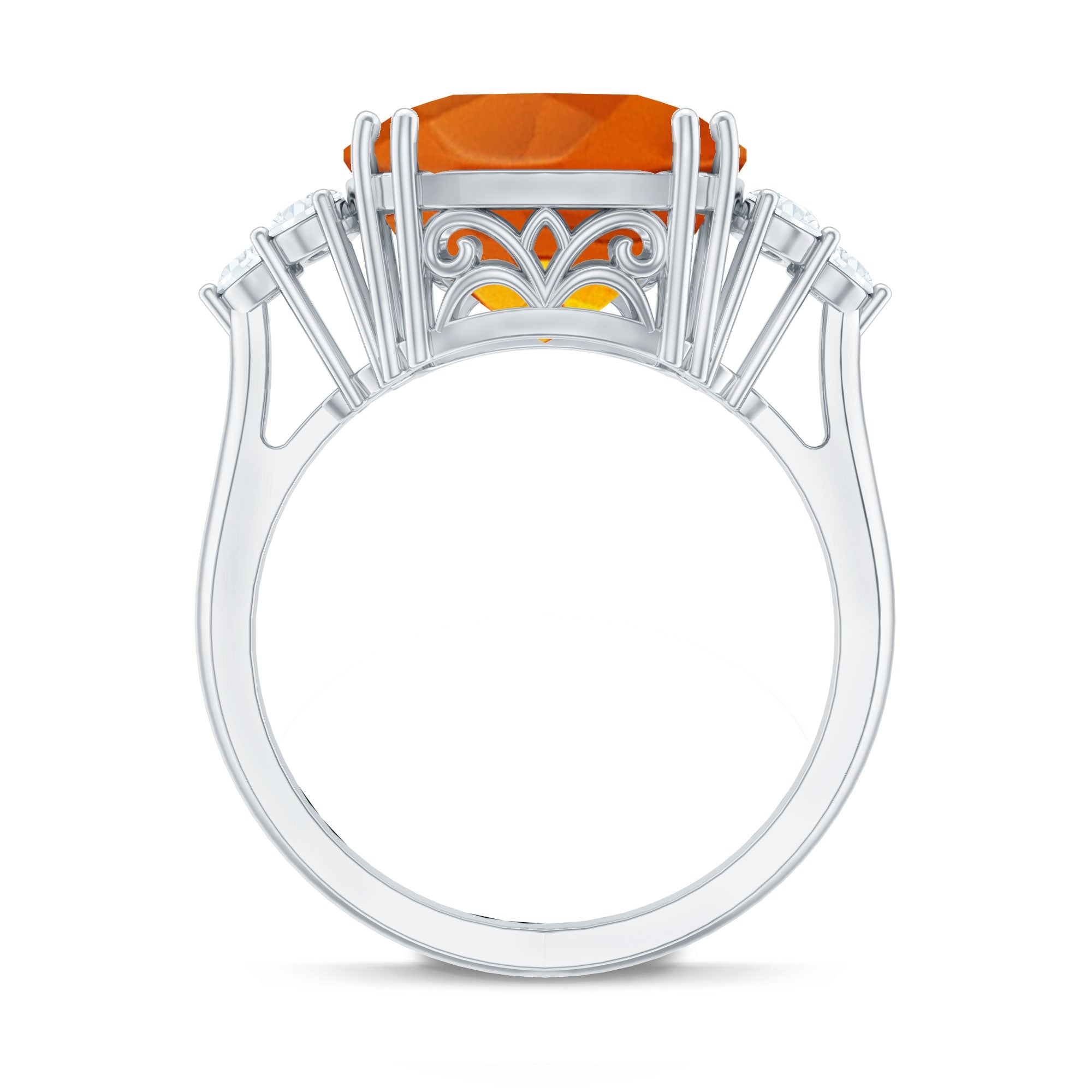 9 Carat Lab Grown Orange Sapphire Cushion Cut Engagement Ring with Diamond Trio
