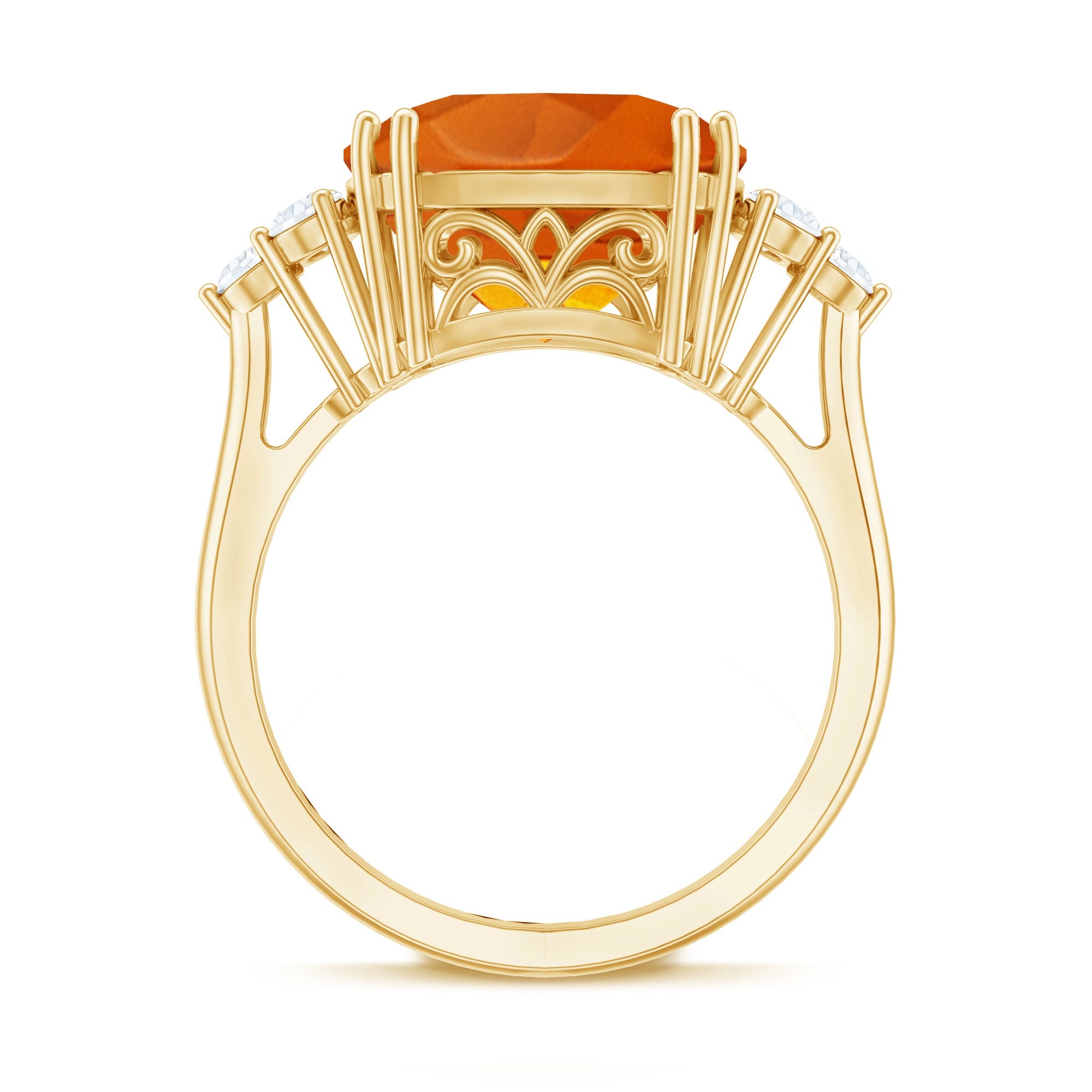 9 Carat Lab Grown Orange Sapphire Cushion Cut Engagement Ring with Diamond Trio
