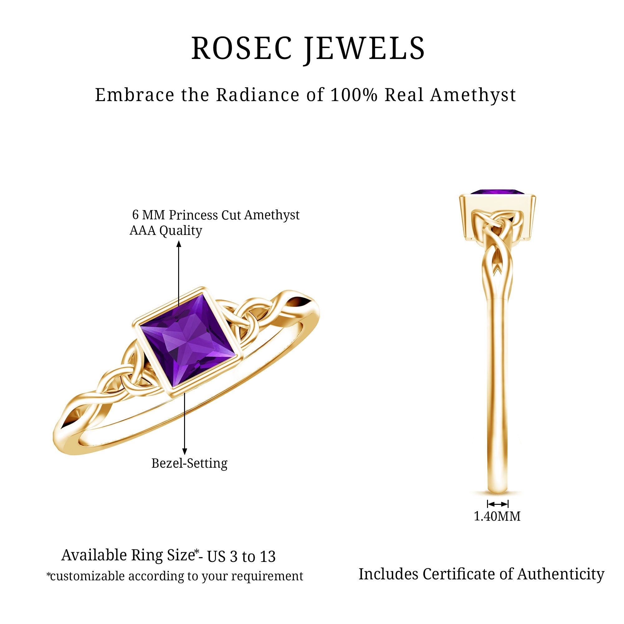 1.2 Carat Princess Cut Amethyst Promise Ring with Celtic Knot