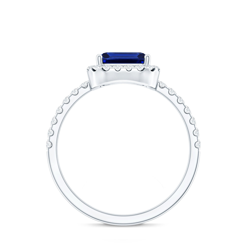 Certified 2.75 Carat Emerald Cut Lab Grown Blue Sapphire Engagement Ring with Diamond Halo