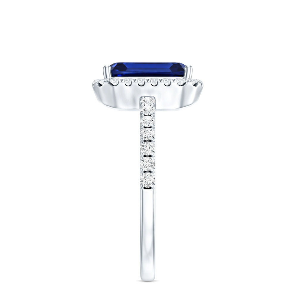 Certified 2.75 Carat Emerald Cut Lab Grown Blue Sapphire Engagement Ring with Diamond Halo