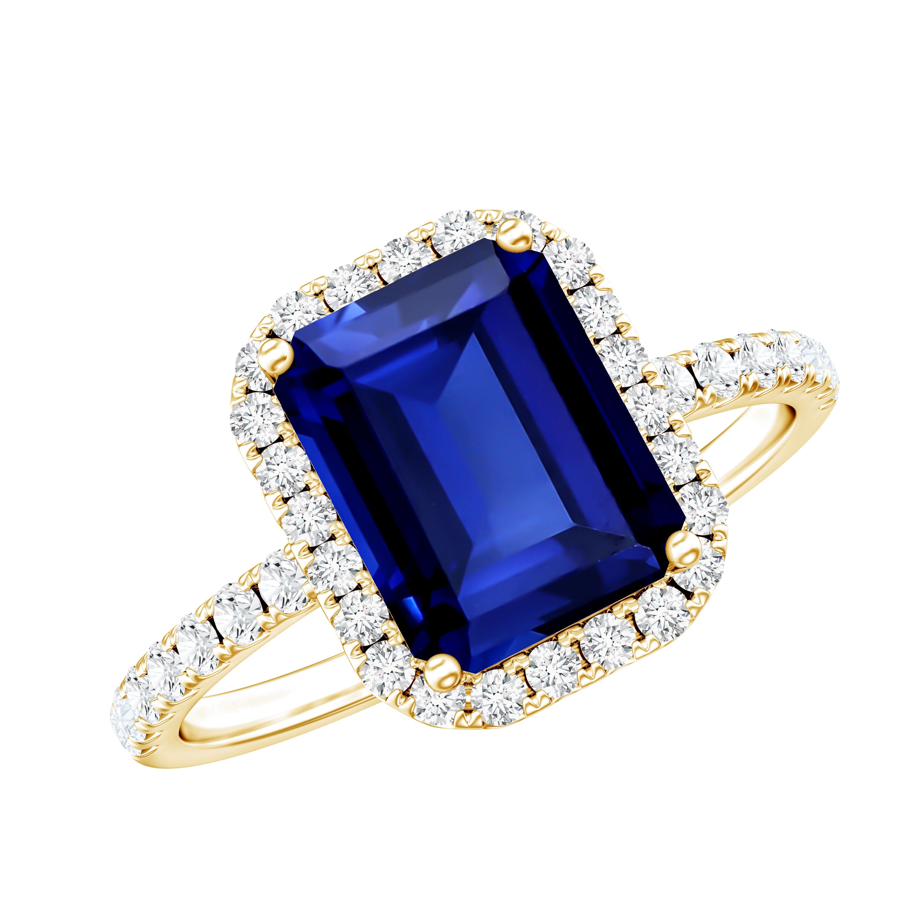 Certified 2.75 Carat Emerald Cut Lab Grown Blue Sapphire Engagement Ring with Diamond Halo