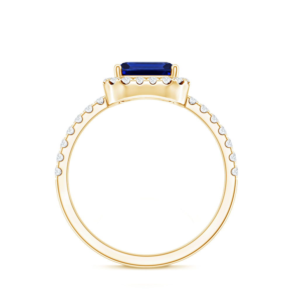 Certified 2.75 Carat Emerald Cut Lab Grown Blue Sapphire Engagement Ring with Diamond Halo