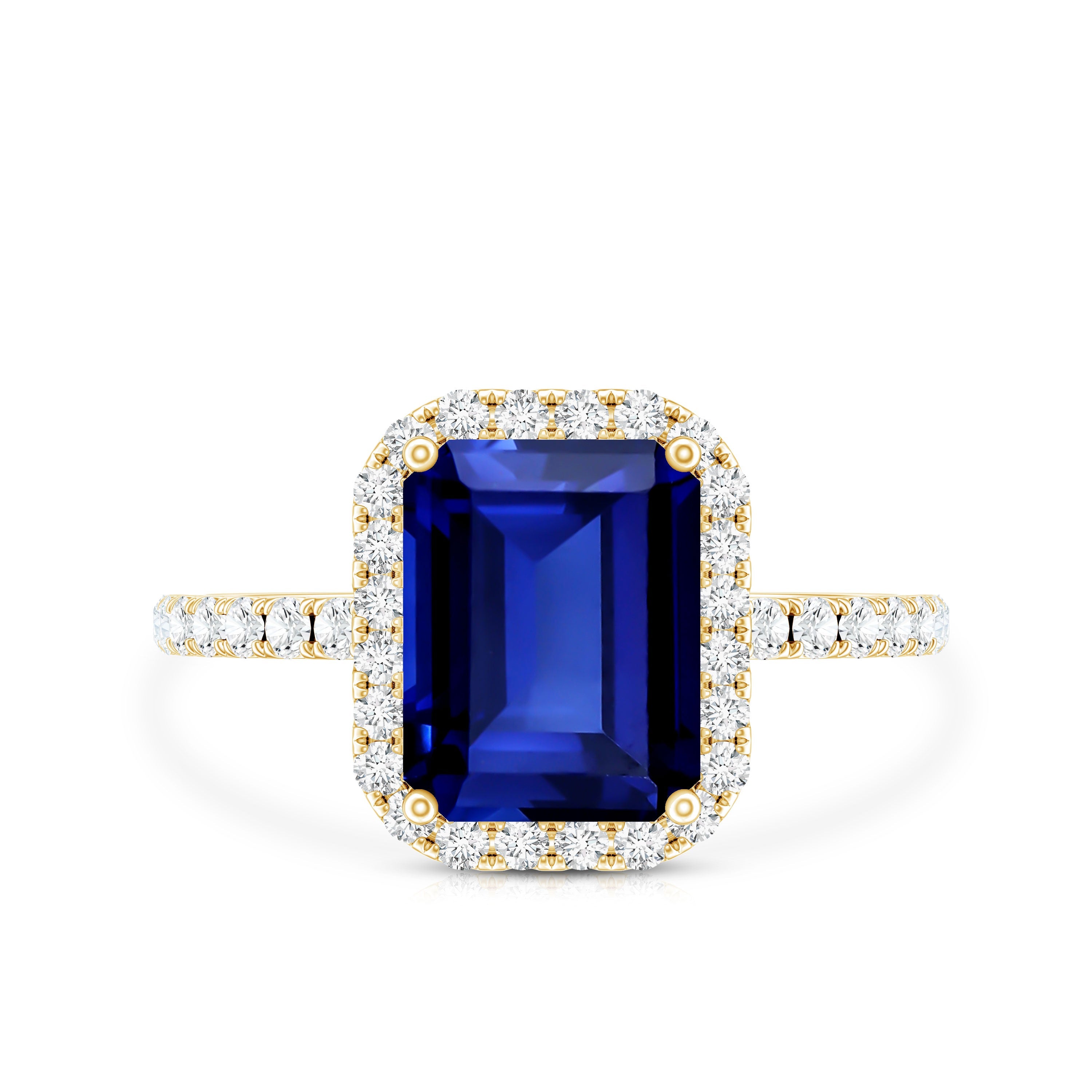 Certified 2.75 Carat Emerald Cut Lab Grown Blue Sapphire Engagement Ring with Diamond Halo
