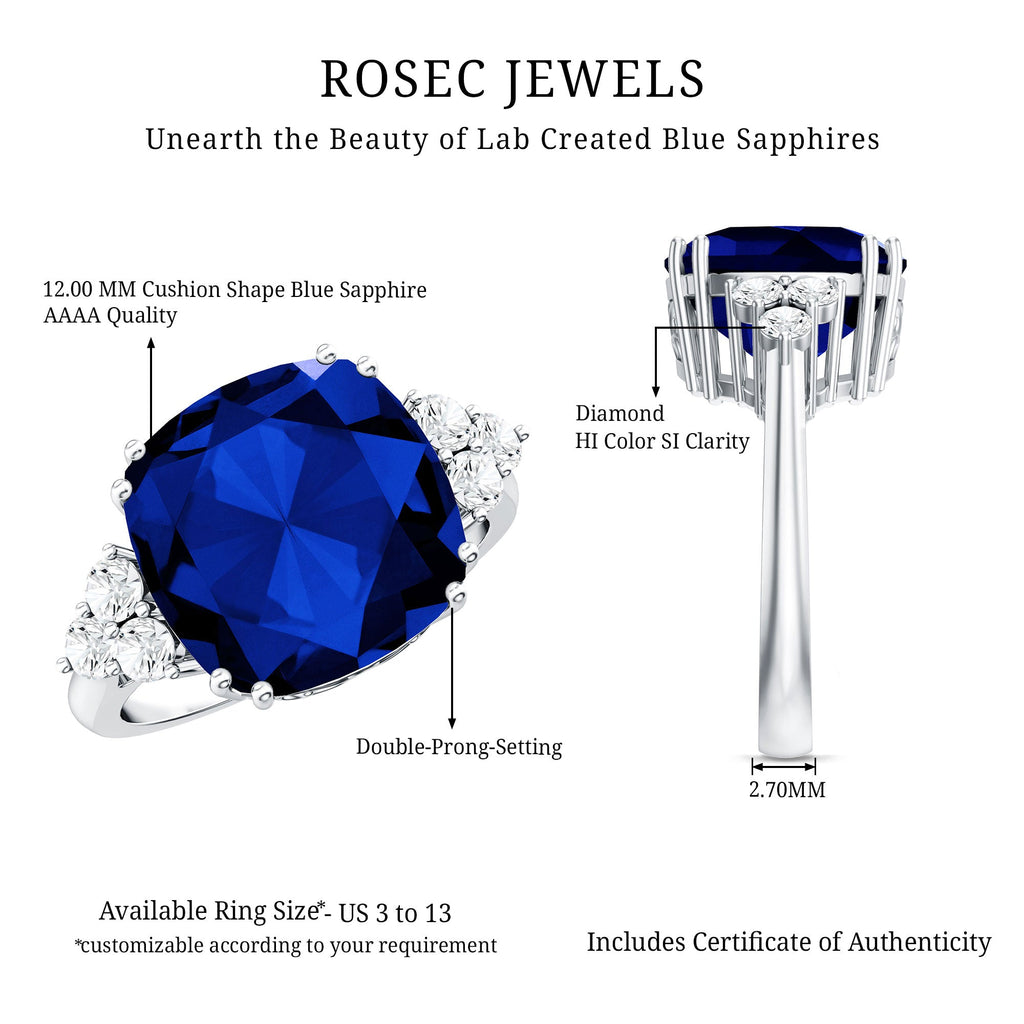 Certified 9 Carat Lab Grown Blue Sapphire Cushion Cut Engagement Ring with Diamond Trio