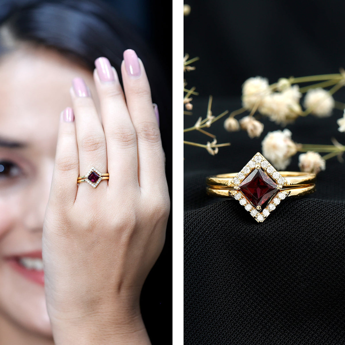 Rhodolite Garnet Princess Cut Engagement Ring with Diamond Enhancer