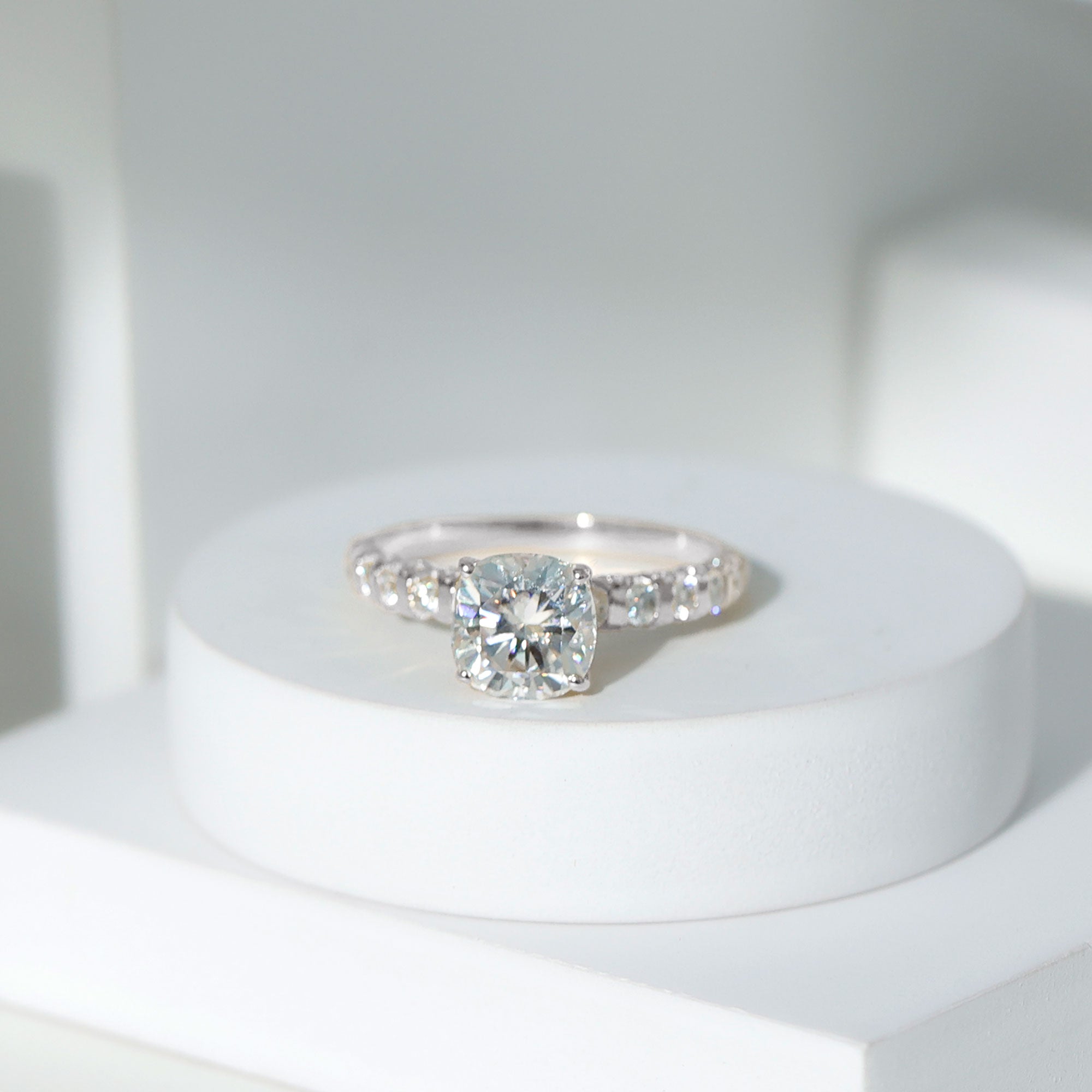 IGI Certified 2 Carat Cushion Cut Lab Grown Diamond Engagement Ring with Side Stones