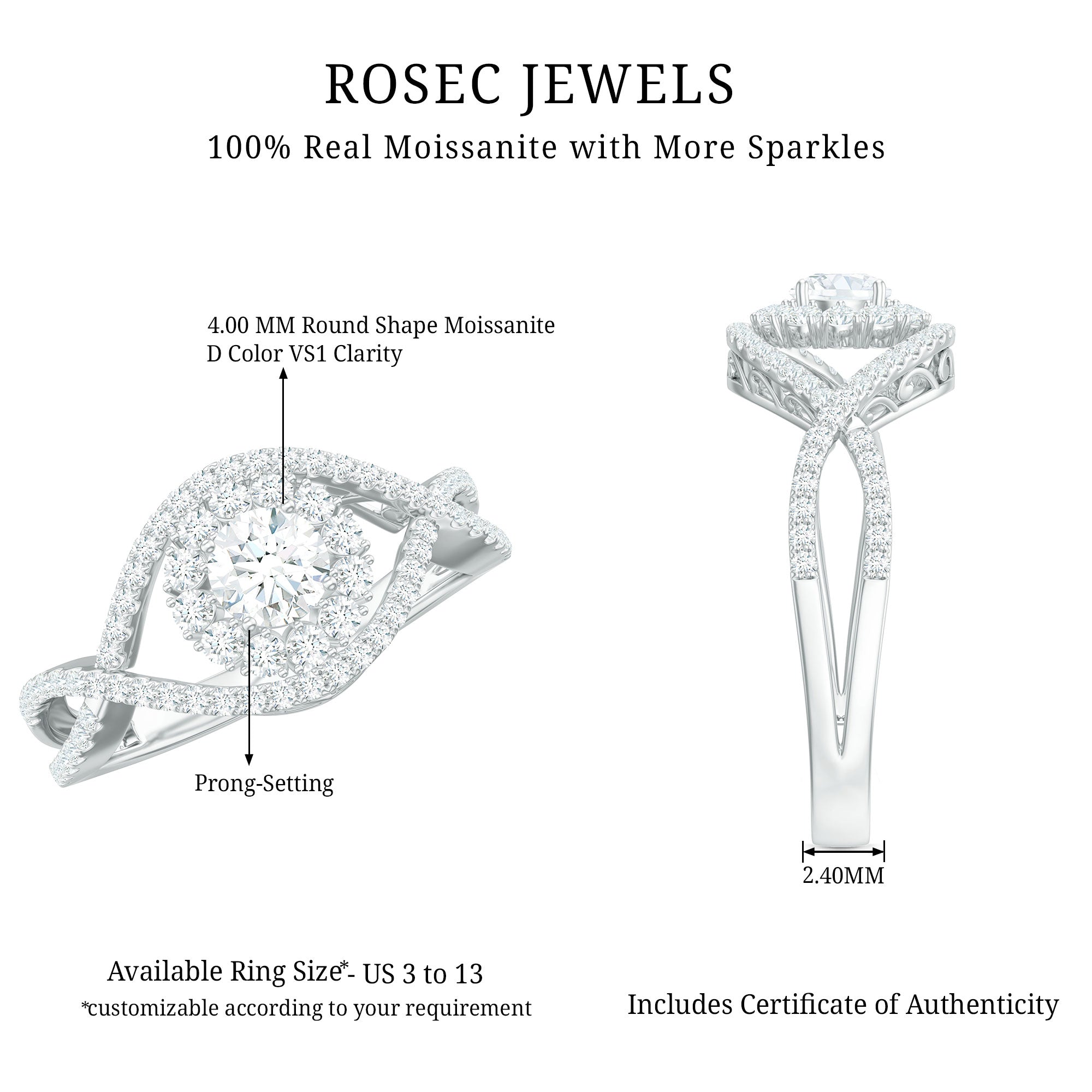 Certified Moissanite Crossover Engagement Ring with Halo