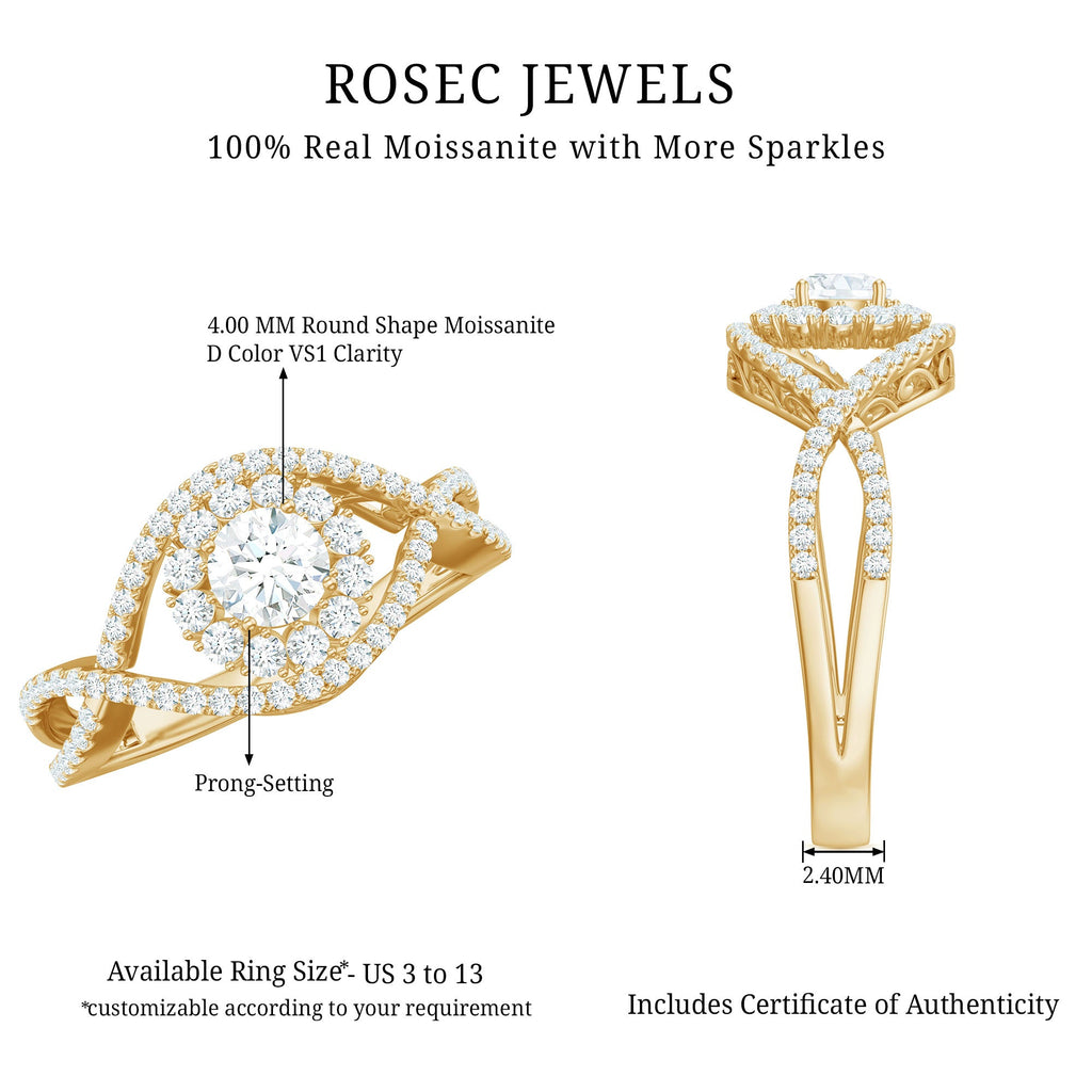 Certified Moissanite Crossover Engagement Ring with Halo