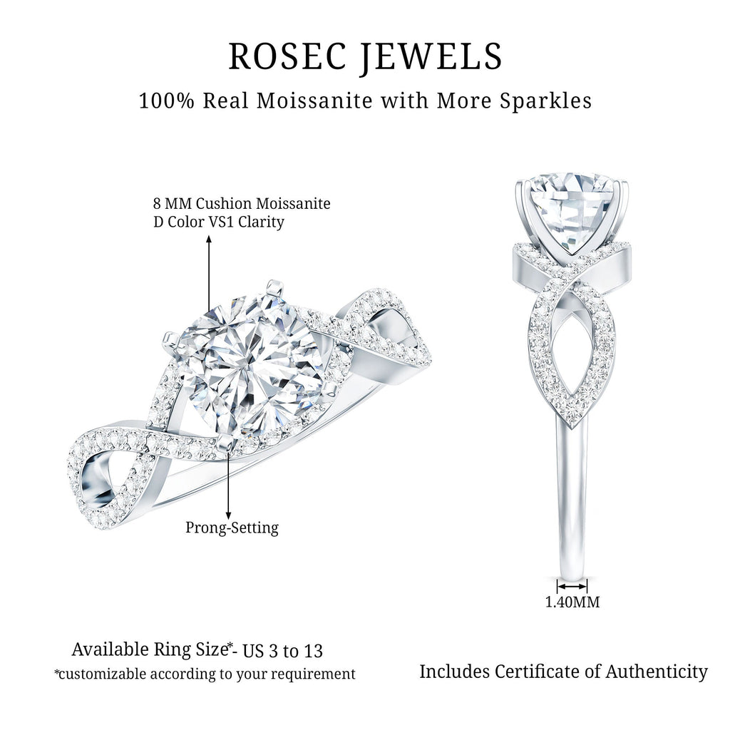 3 CT Cushion Cut Moissanite Solitaire Ring With Crossover Shank