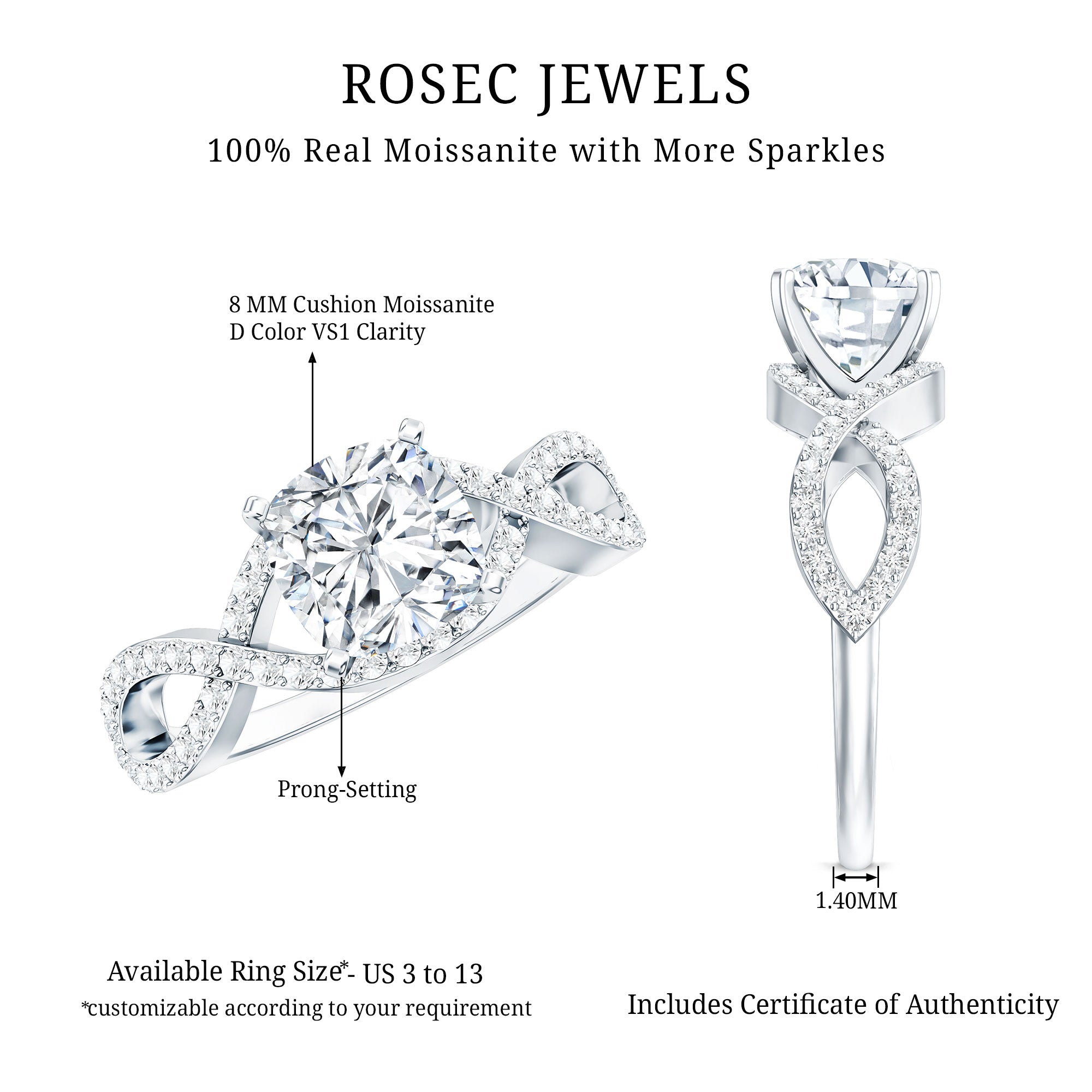 3 CT Cushion Cut Moissanite Solitaire Ring With Crossover Shank