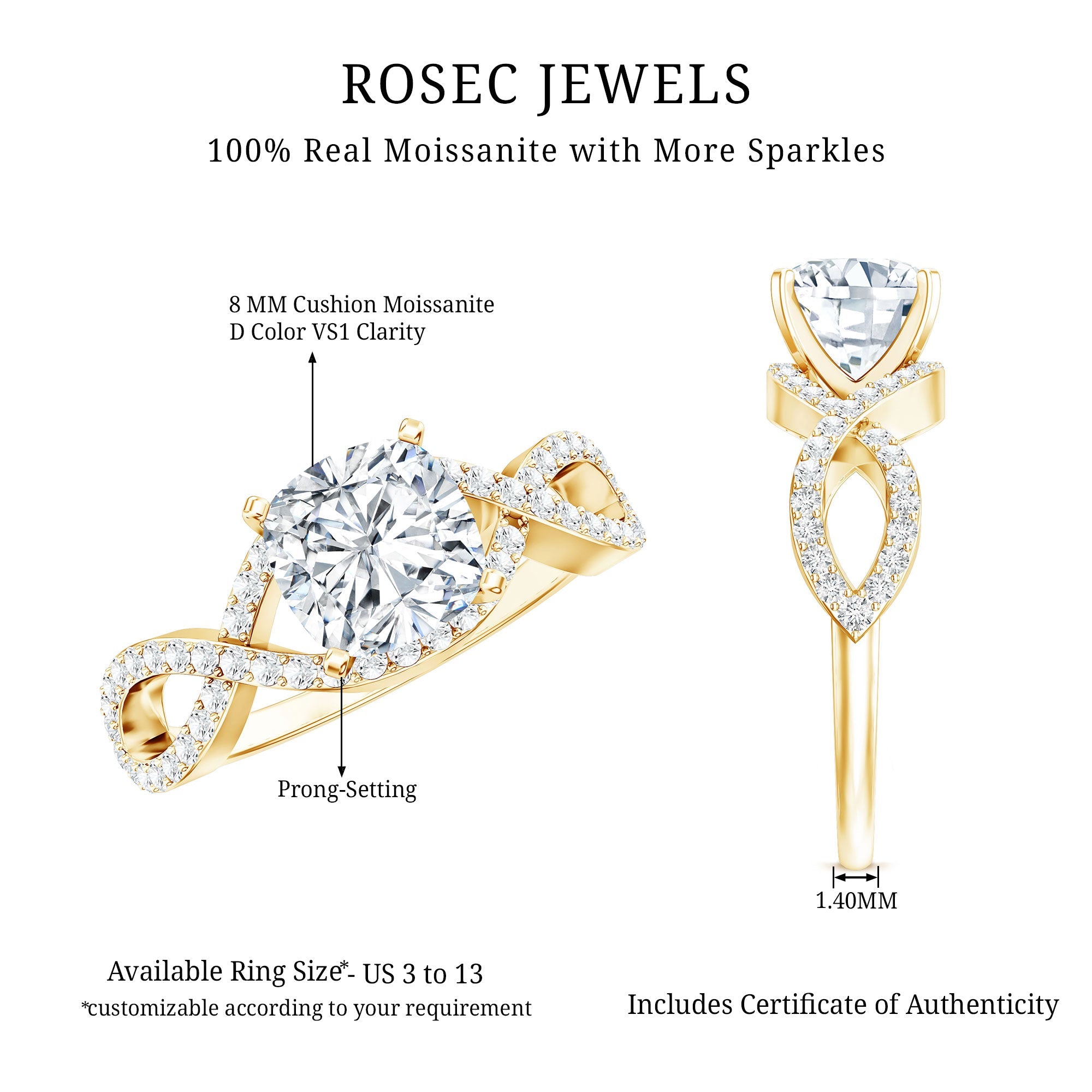 3 CT Cushion Cut Moissanite Solitaire Ring With Crossover Shank