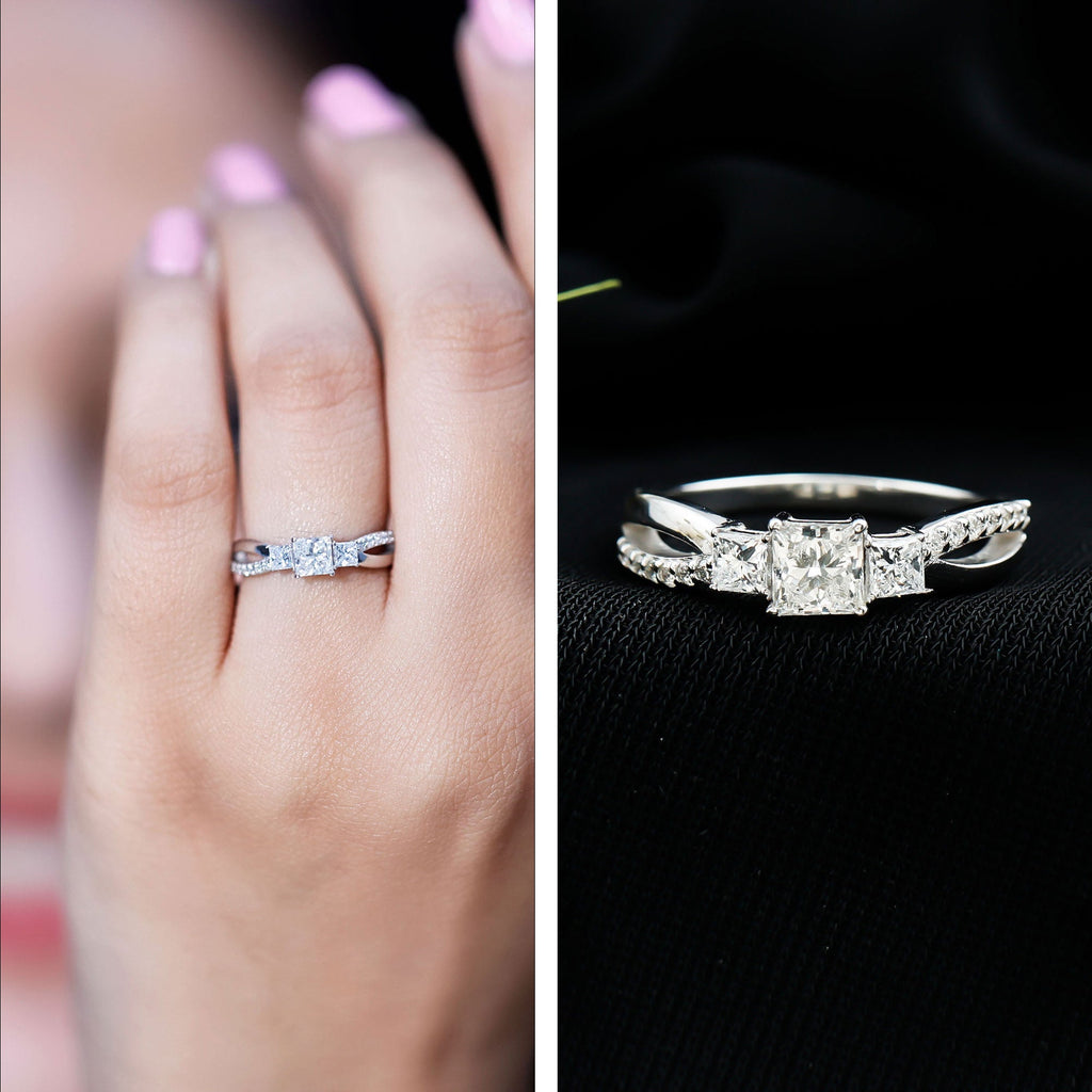 Princess Cut Moissanite Three Stone Engagement Ring