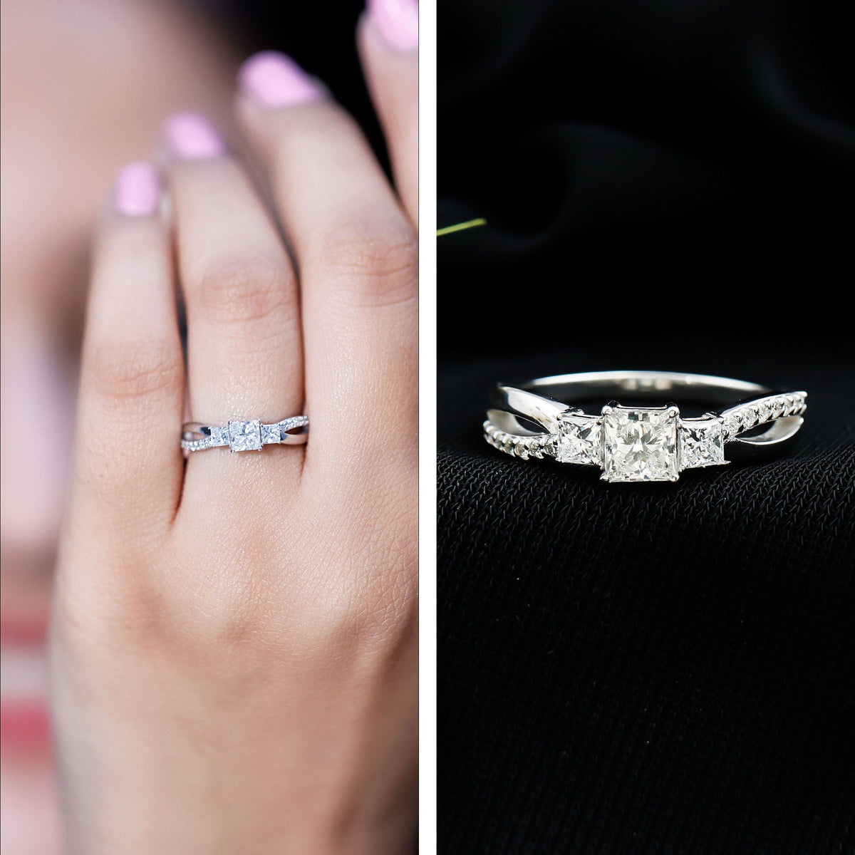 Princess Cut Moissanite Three Stone Engagement Ring
