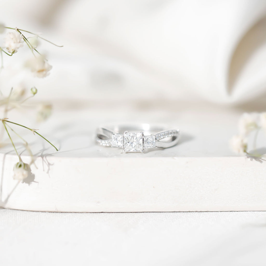 Princess Cut Moissanite Three Stone Engagement Ring