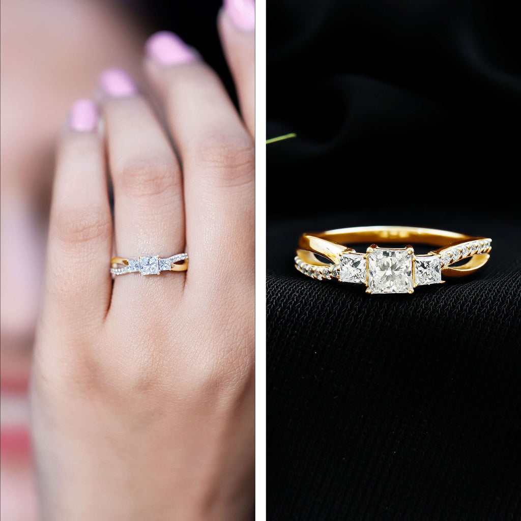 Princess Cut Moissanite Three Stone Engagement Ring