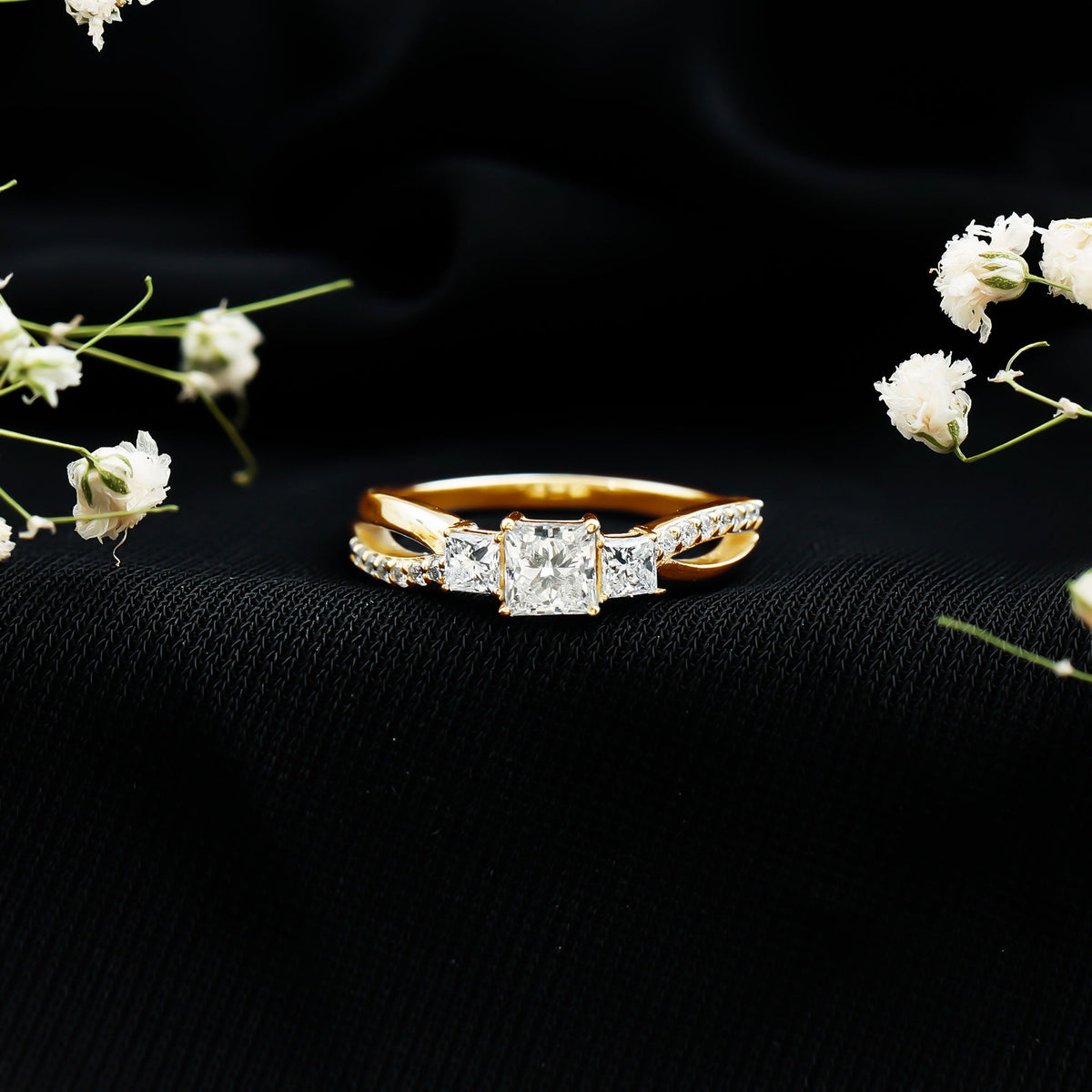 Princess Cut Moissanite Three Stone Engagement Ring
