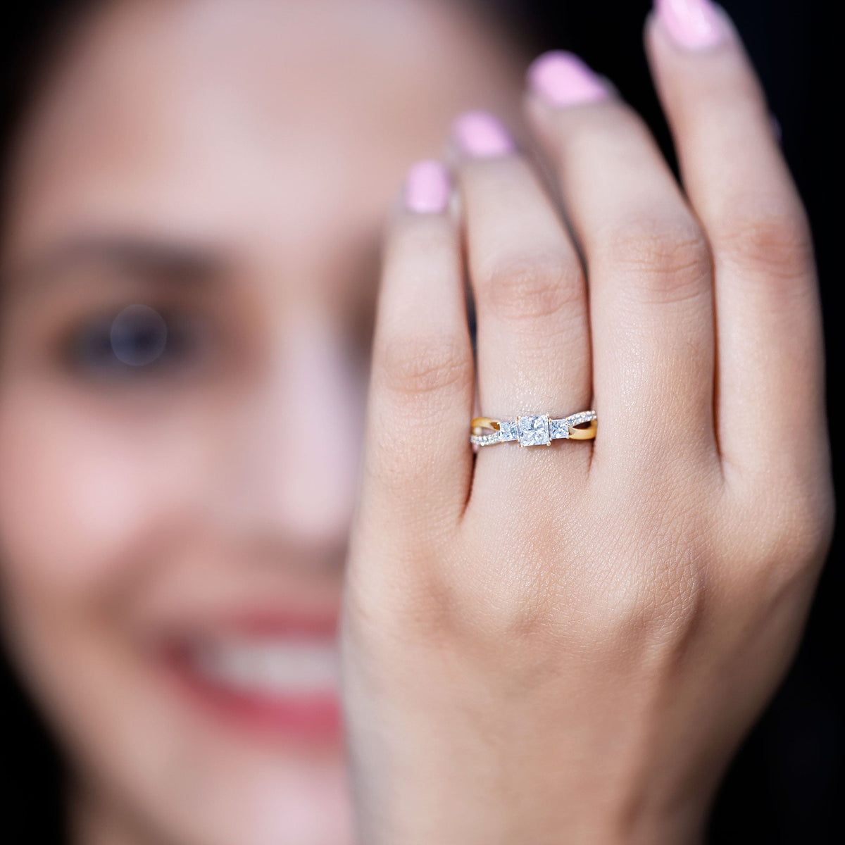 Princess Cut Moissanite Three Stone Engagement Ring
