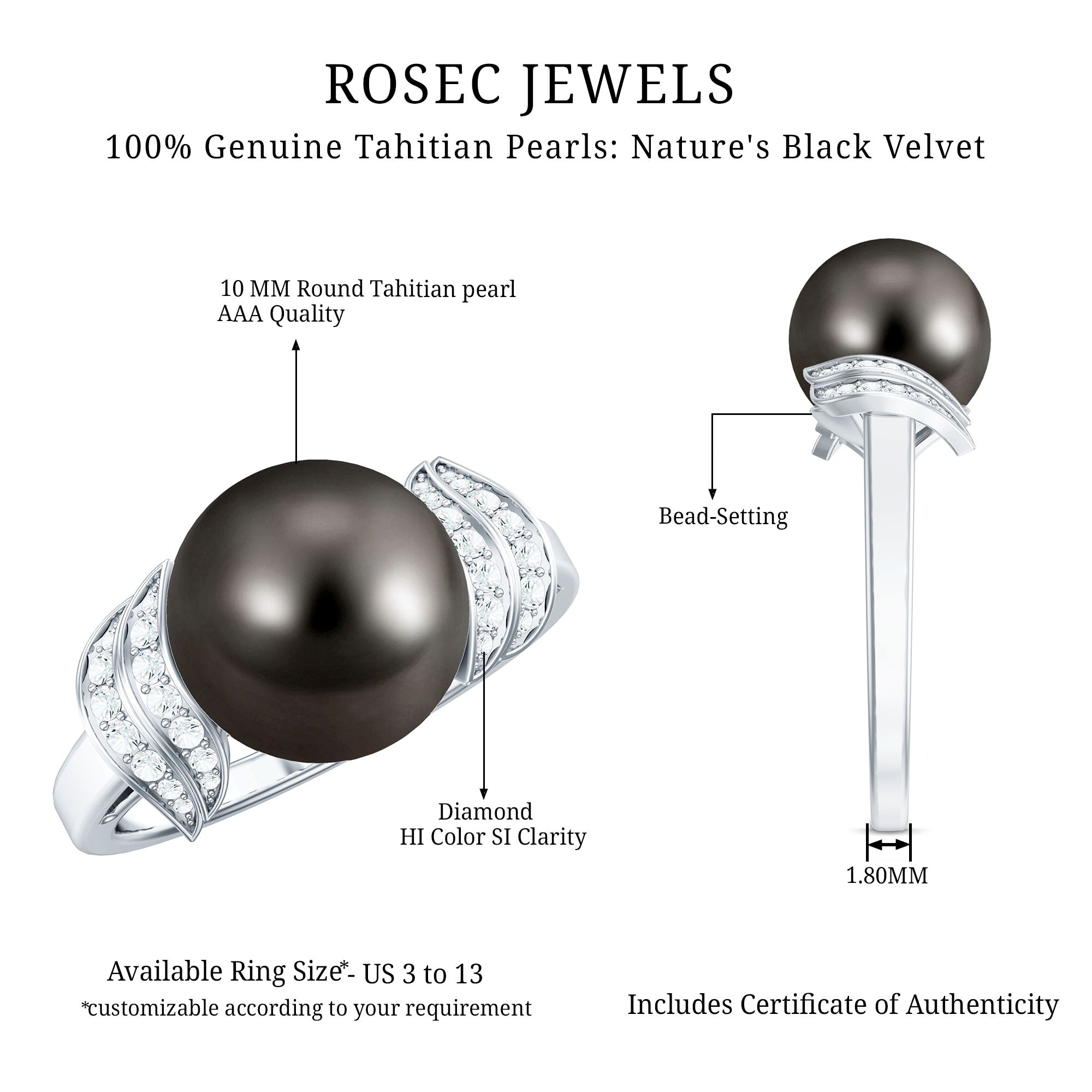Natural Tahitian Pearl and Diamond Solitaire Engagement Ring