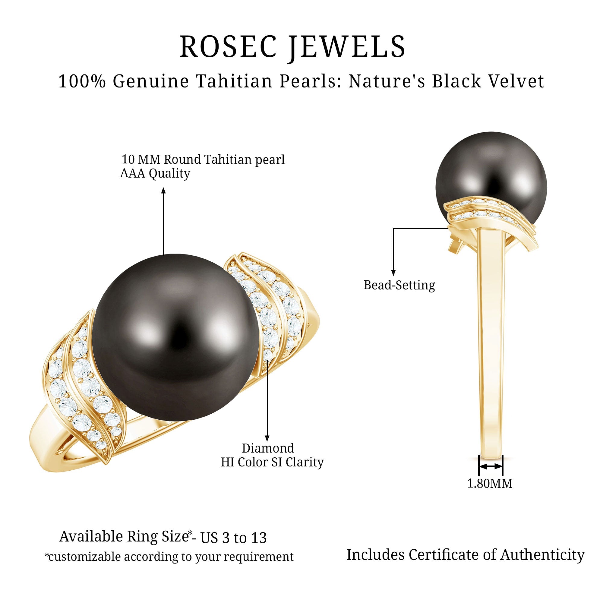 Natural Tahitian Pearl and Diamond Solitaire Engagement Ring