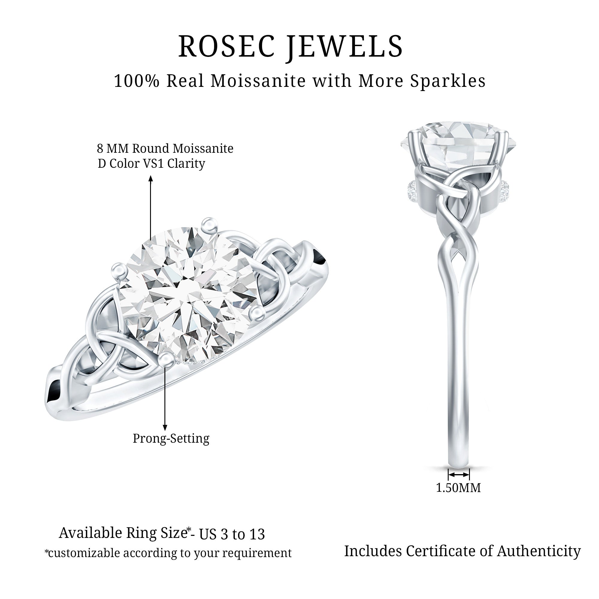 Round Moissanite Solitaire Engagement Ring with Celtic Details