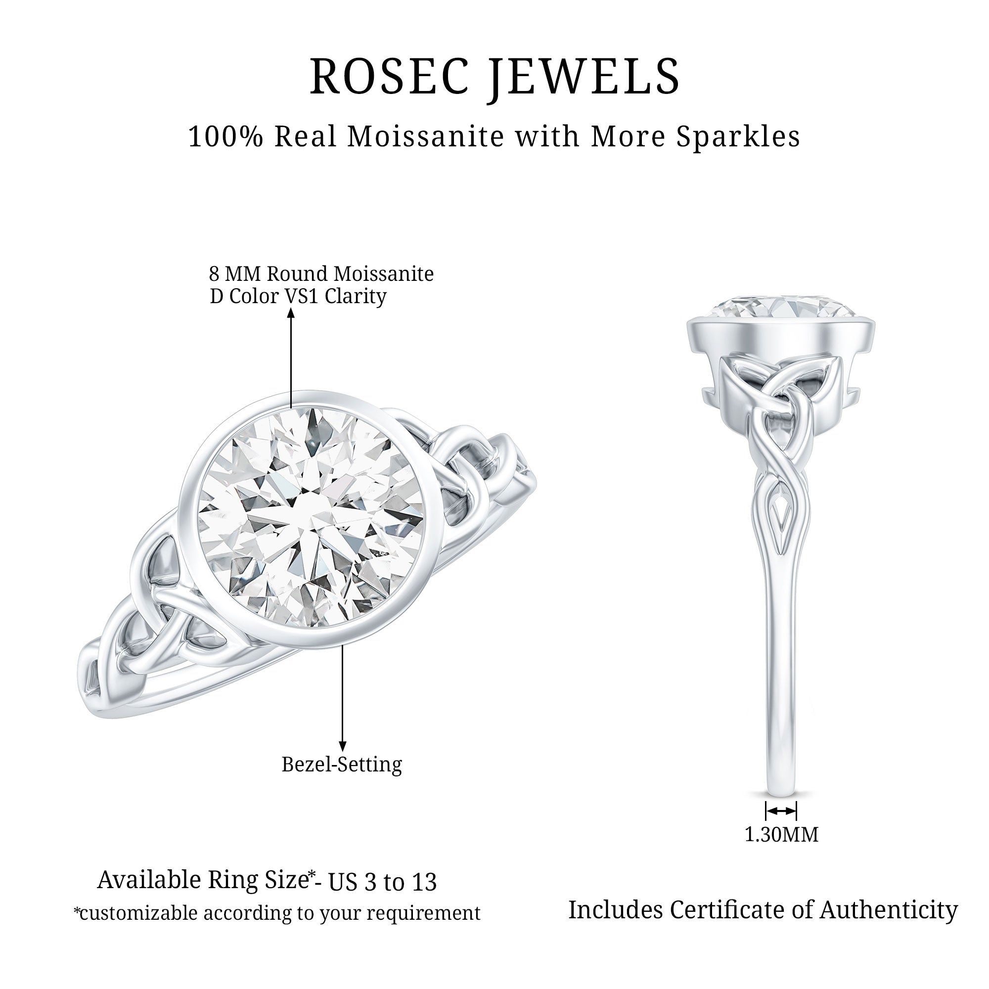 Solitaire Moissanite Celtic Knot Engagement Ring in Bezel Setting