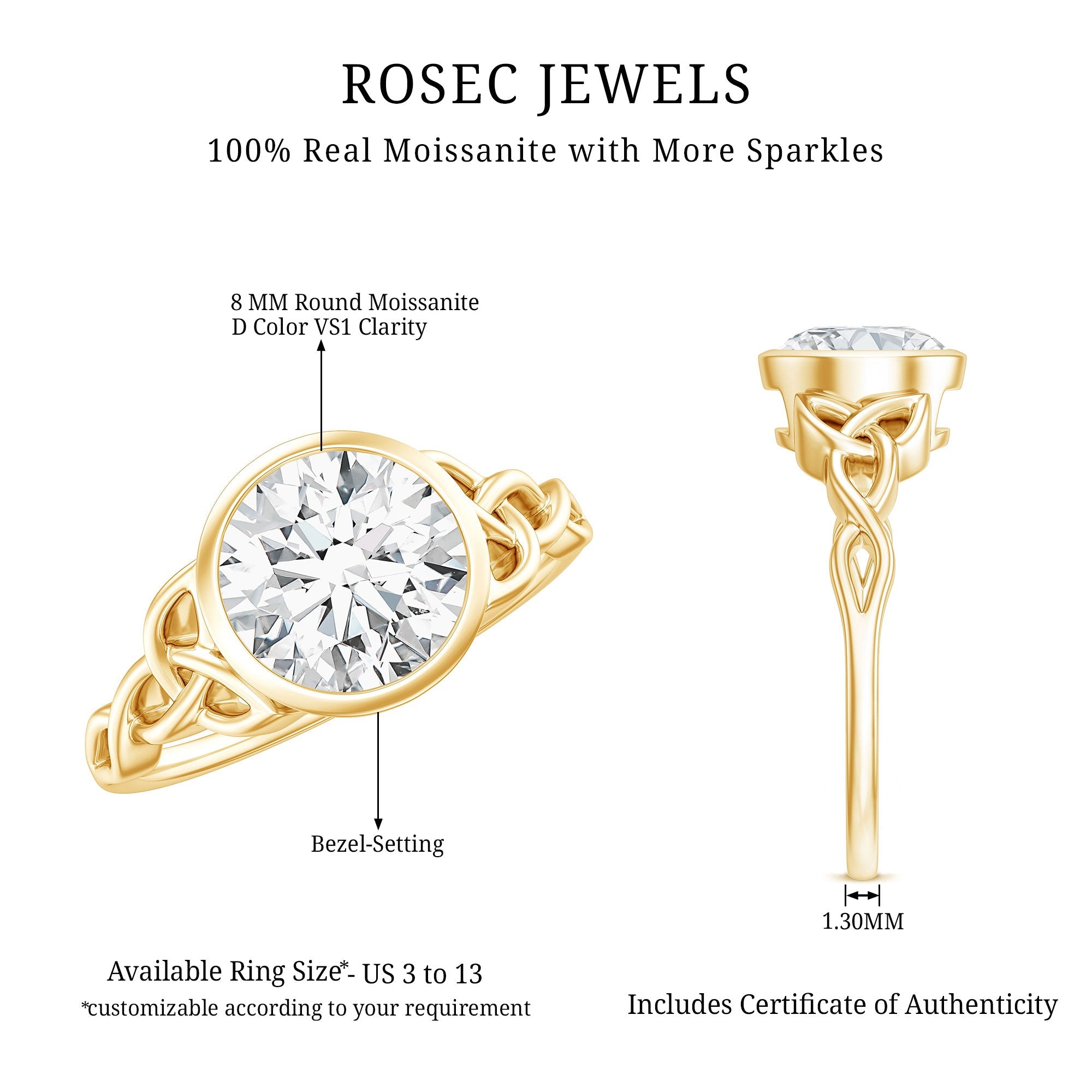 Solitaire Moissanite Celtic Knot Engagement Ring in Bezel Setting