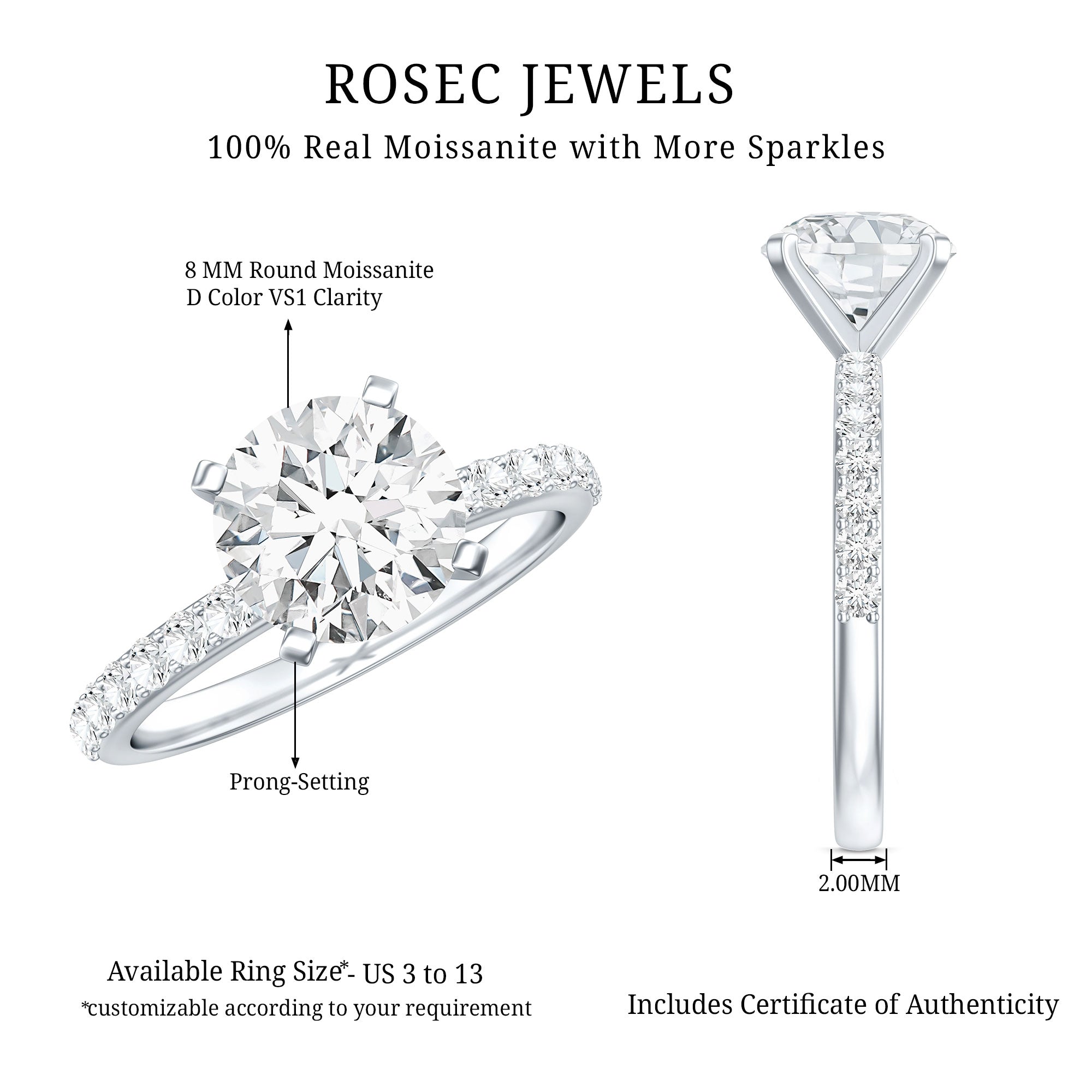 Certified Round Moissanite Solitaire Engagement Ring For Her