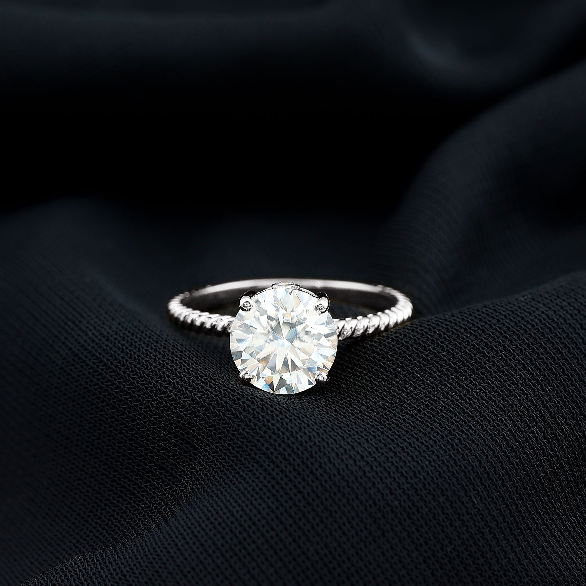 Round Cut Moissanite Solitaire Engagement Ring with Twisted Rope