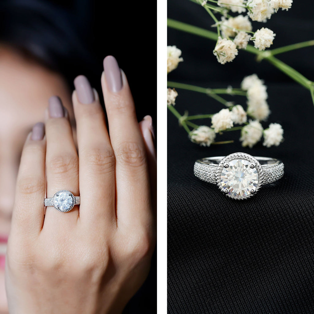 2 Carat Moissanite Round Cut Engagement Ring With Side Stones