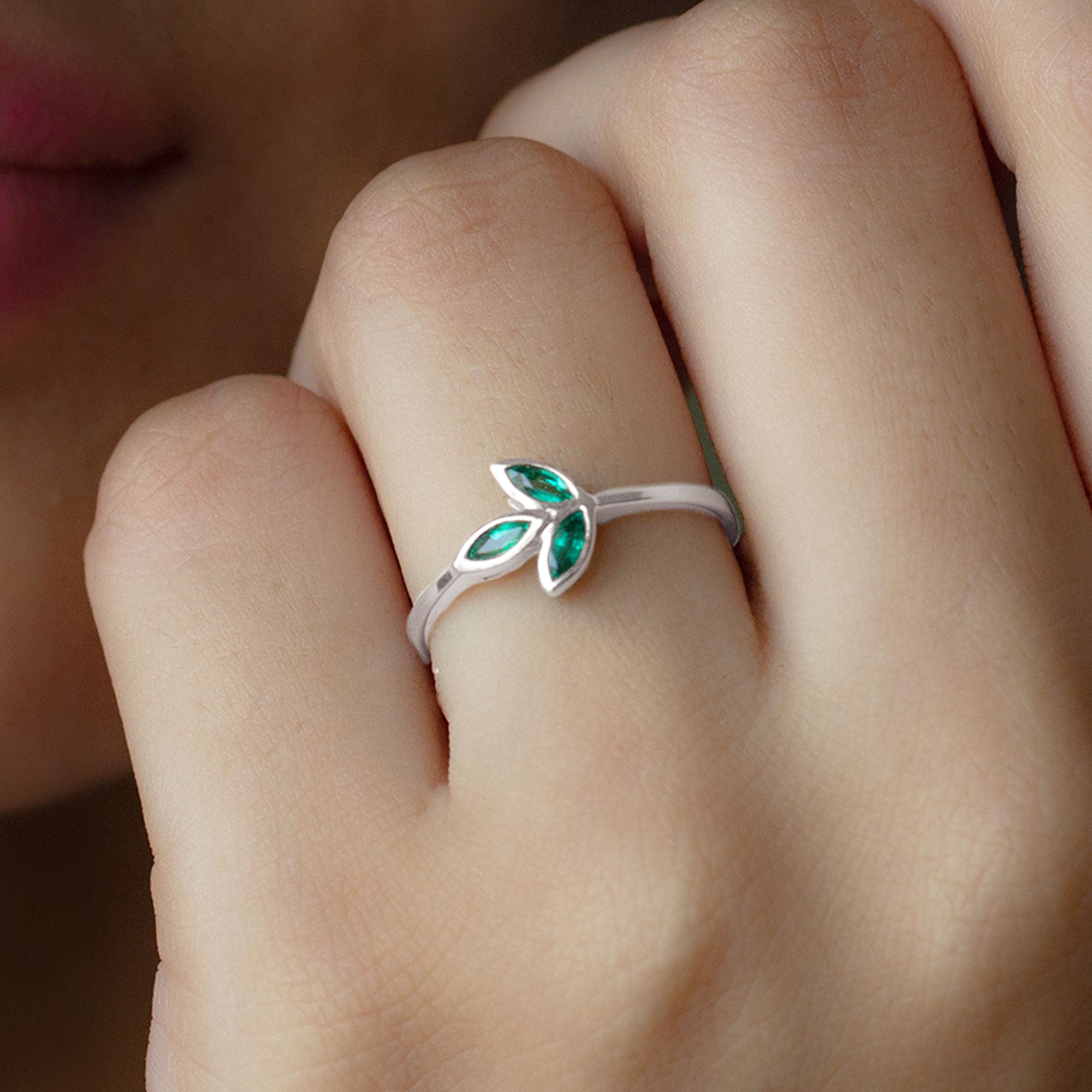 Marquise Cut Emerald Leaf Promise Ring in Bezel Setting
