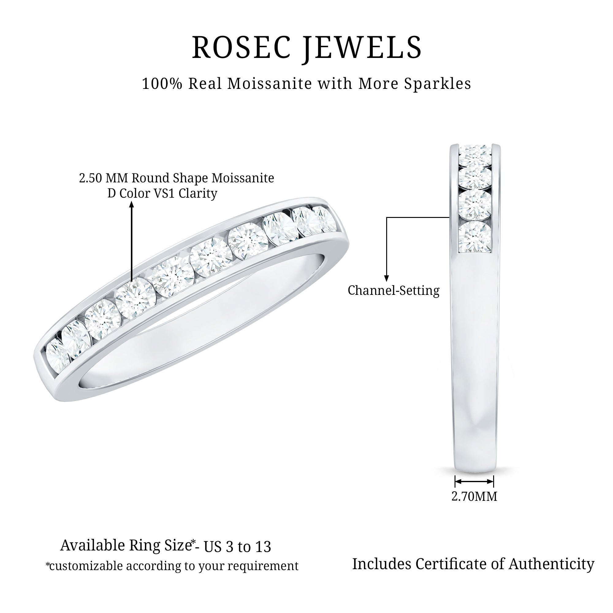 Channel Set Moissanite Half Eternity Band Ring
