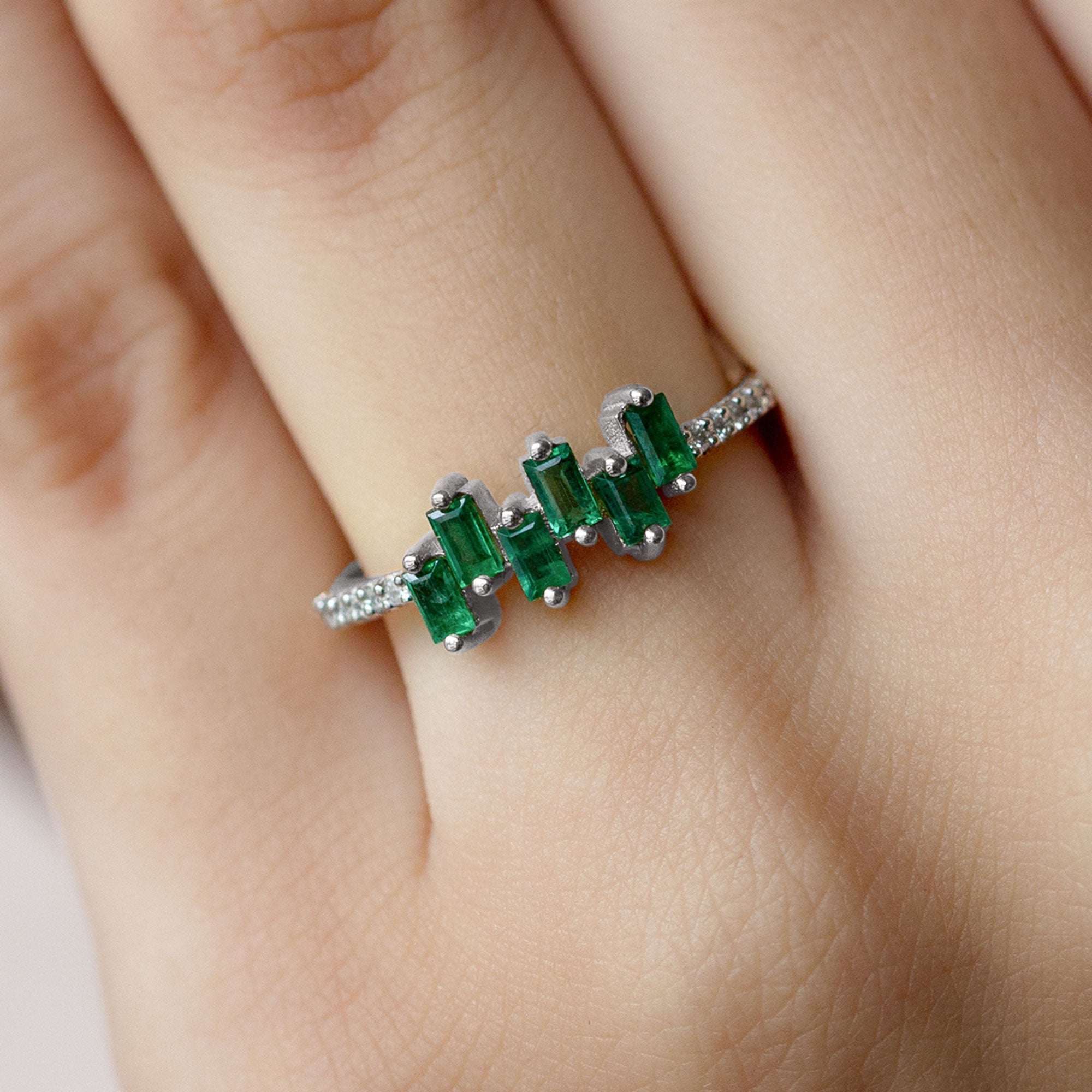 Baguette Cut Emerald Promise Ring with Diamond Side Stones