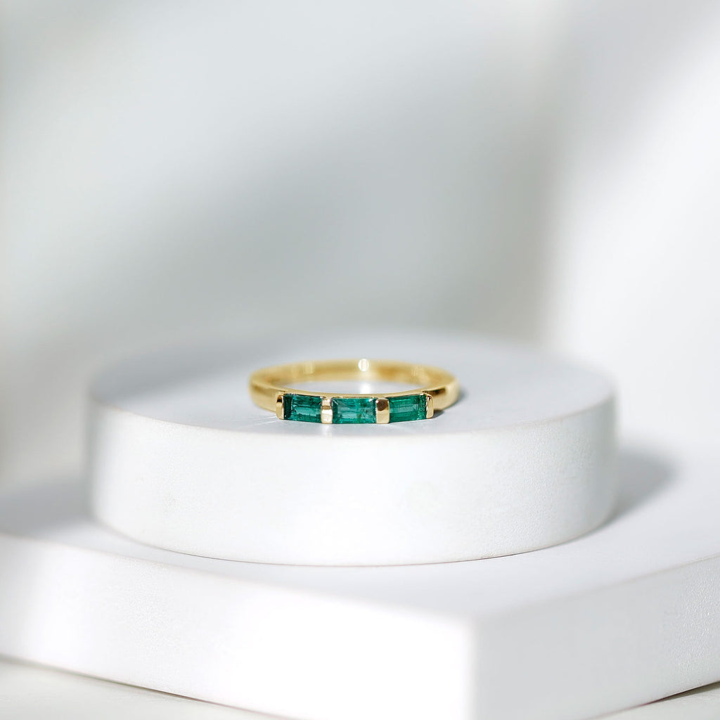 Baguette Cut Real Emerald 3 Stone Ring with Certificate