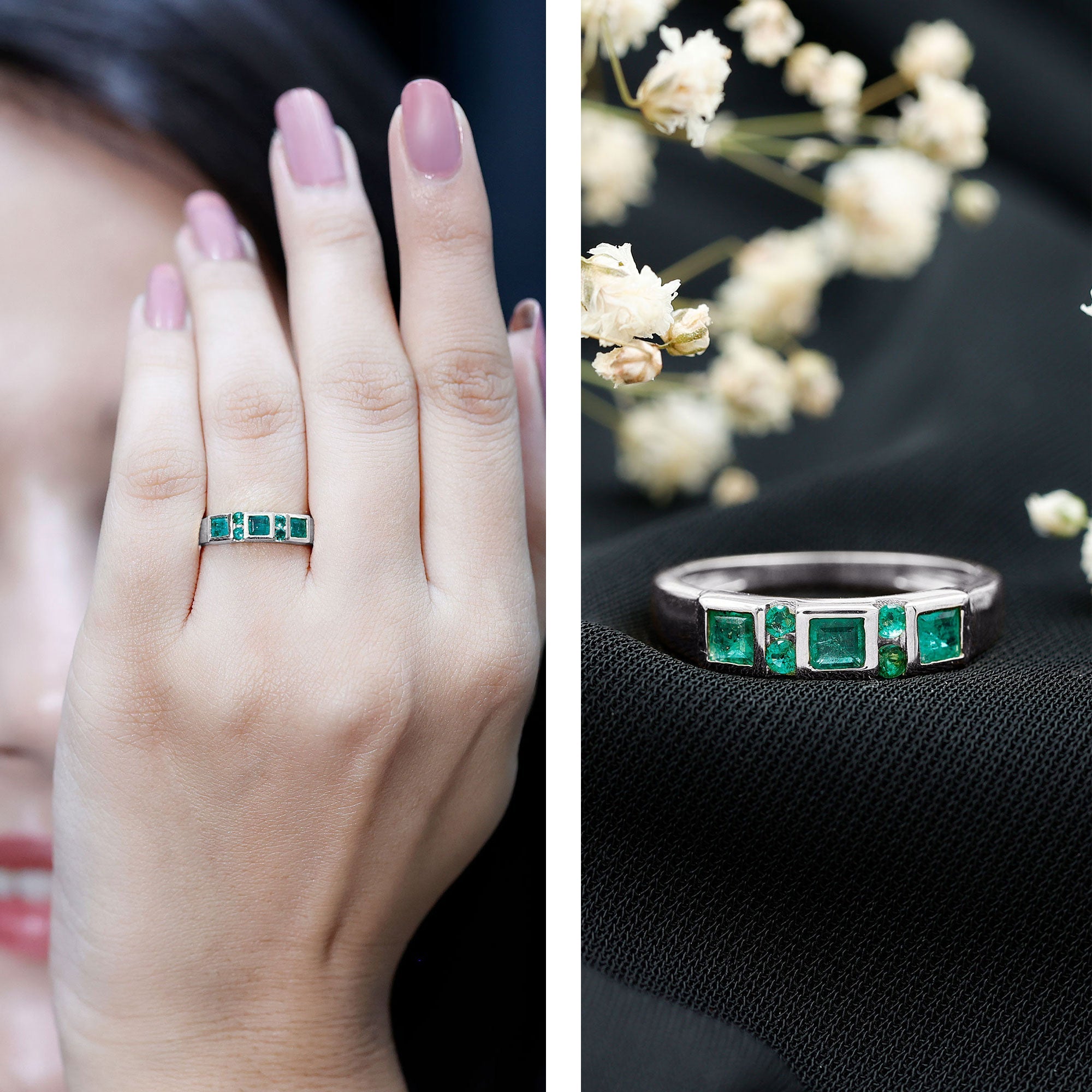 Natural Emerald Princess Cut Band Ring
