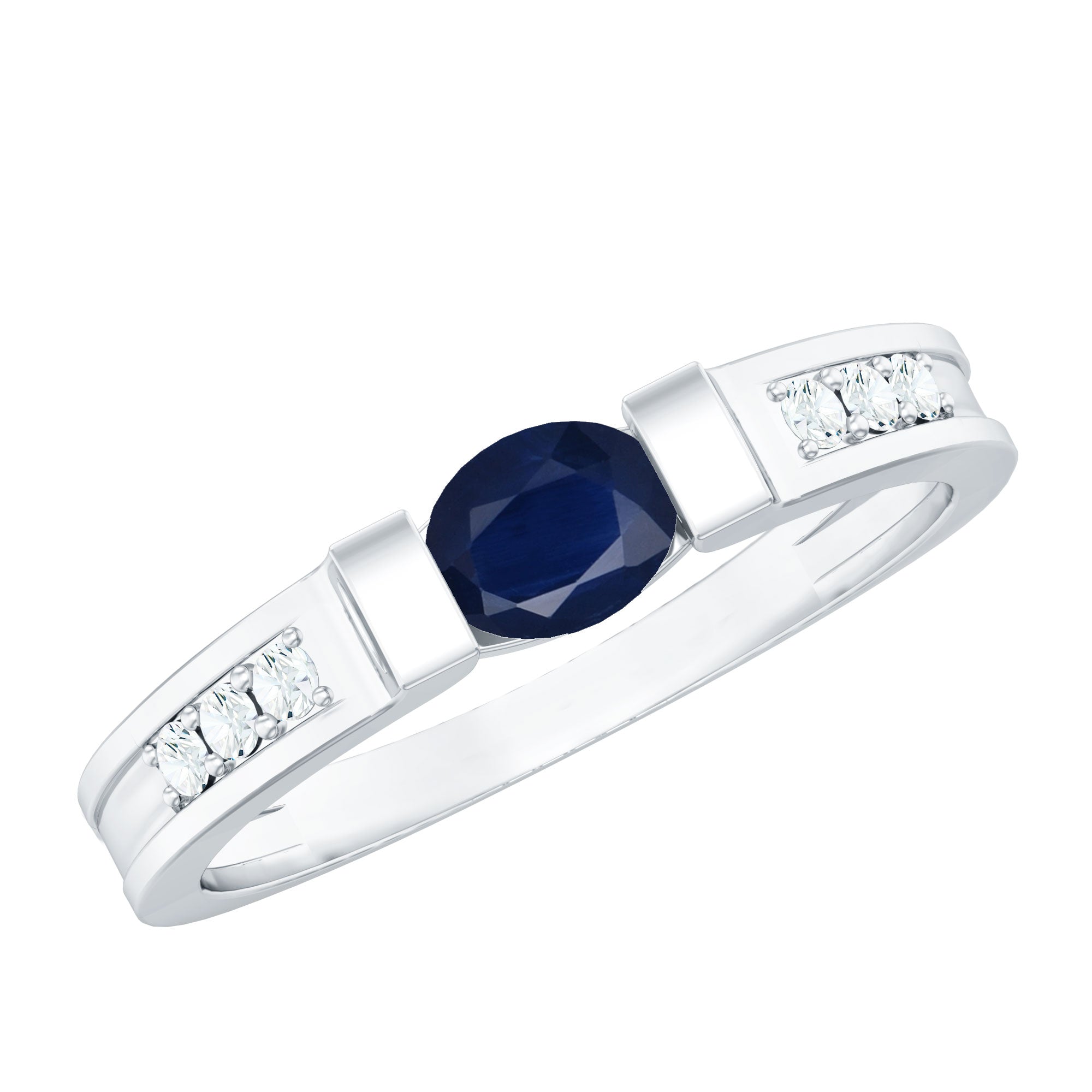East West Style Oval Blue Sapphire Solitaire Ring with Diamond