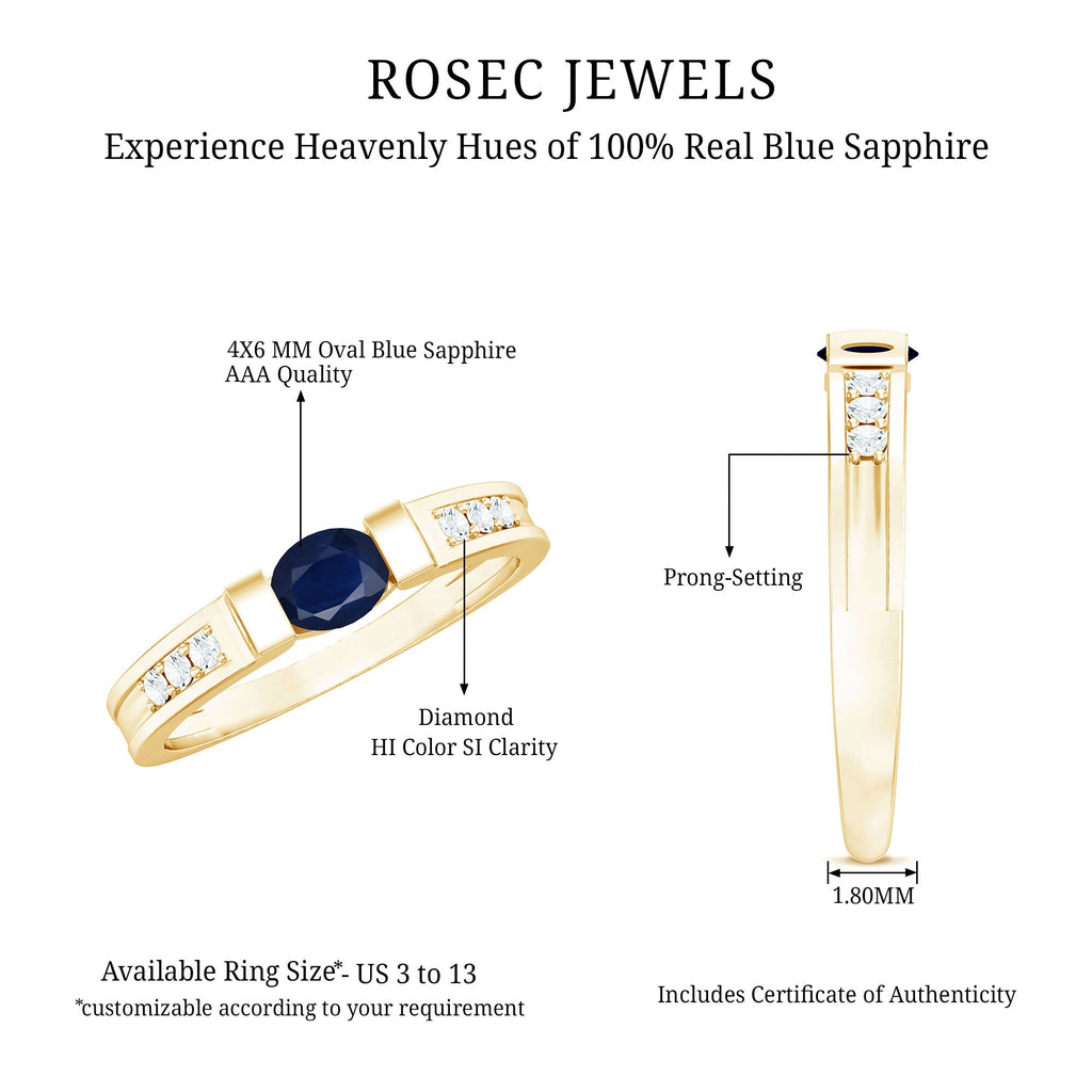 East West Style Oval Blue Sapphire Solitaire Ring with Diamond