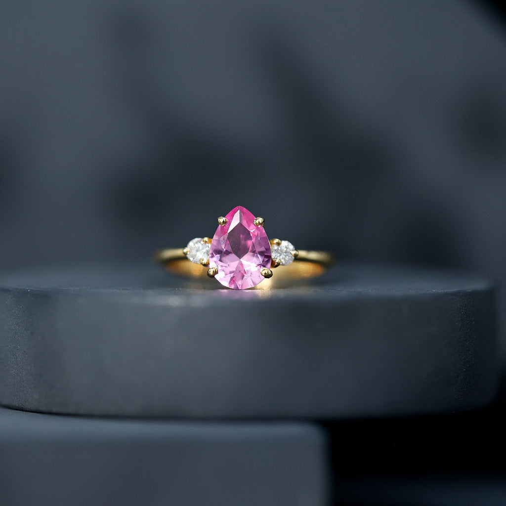 1 CT Lab Grown Pink Sapphire Teardrop Engagement Ring with Diamond
