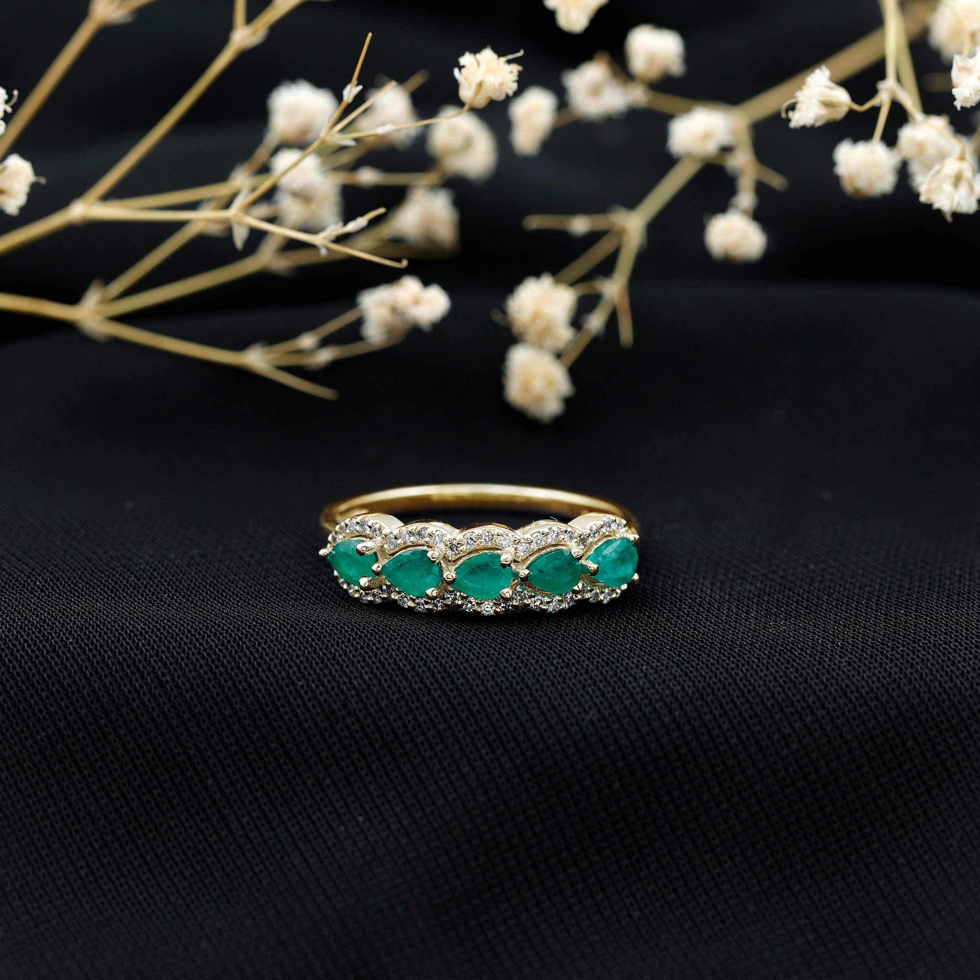 Pear Shape Emerald Anniversary Wedding Ring with Diamond Accent