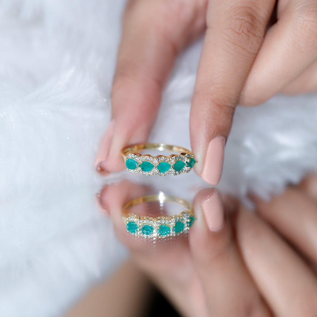 Pear Shape Emerald Anniversary Wedding Ring with Diamond Accent