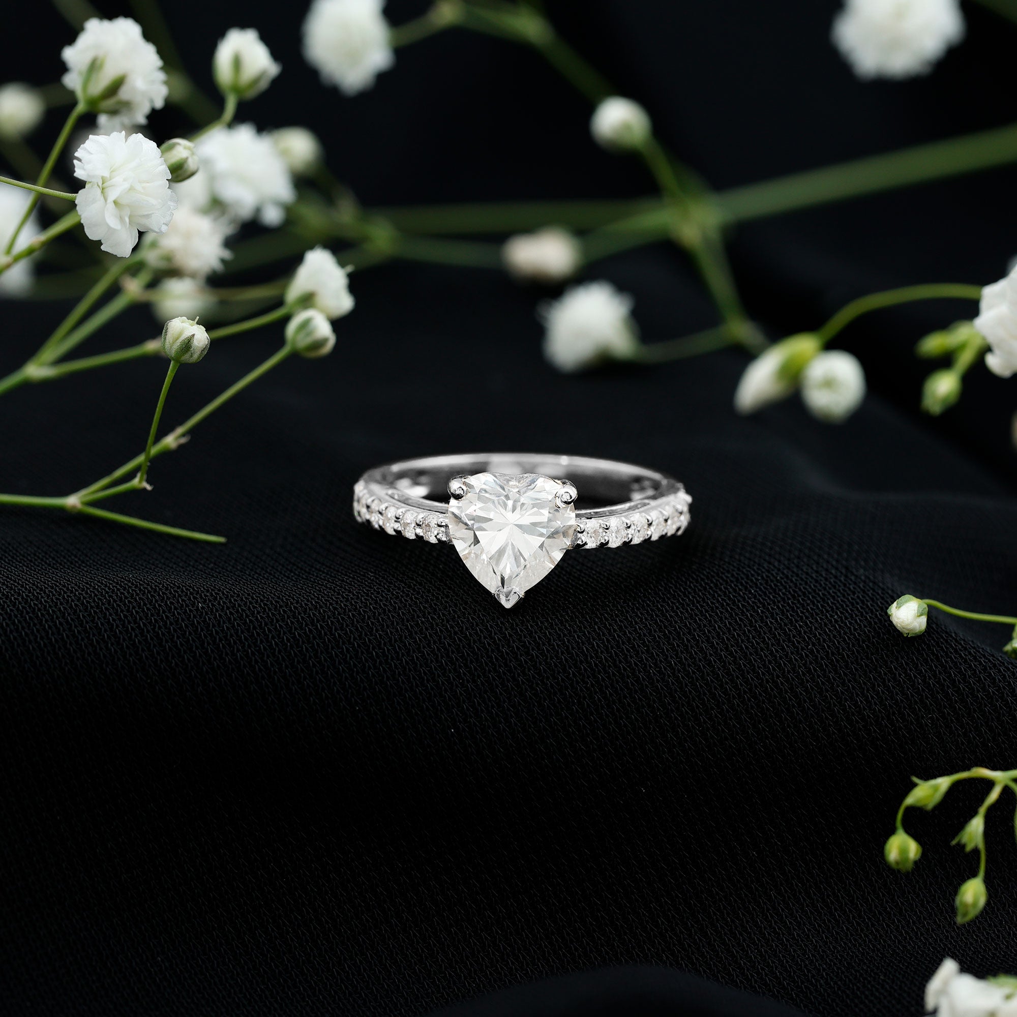 2 CT Moissanite Heart Engagement Ring With Side Stones