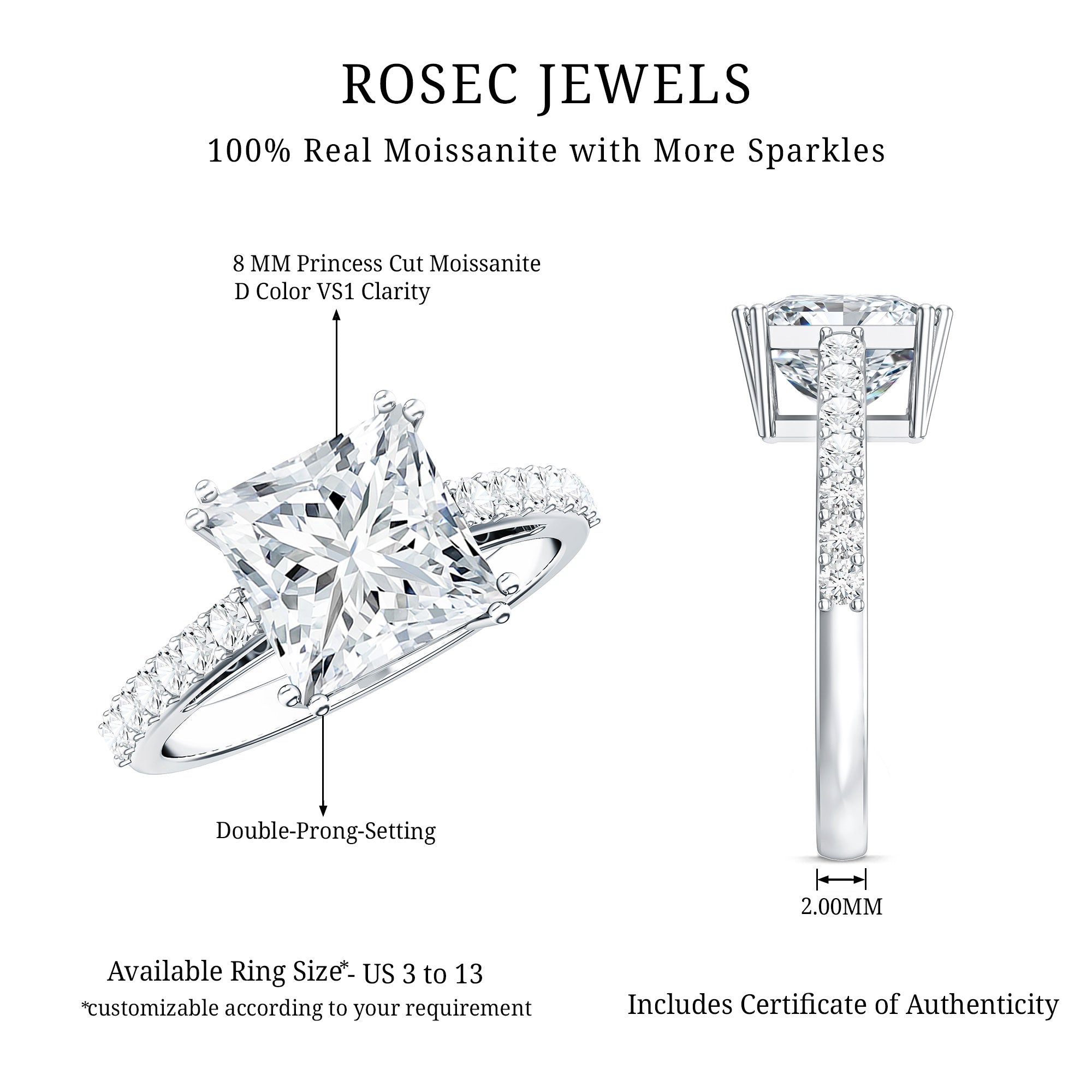 3 Carat Moissanite Princess Cut Engagement Ring With Double Prongs