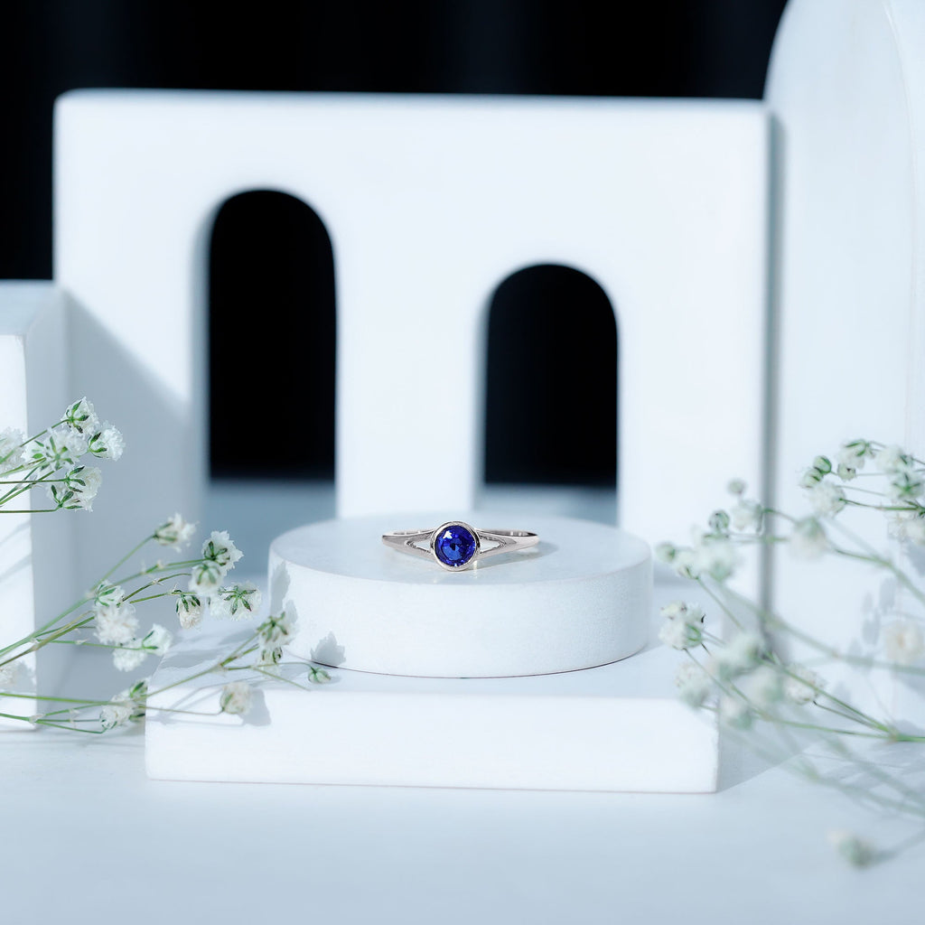 Certified 0.6 Carat Lab Grown Blue Sapphire Promise Ring with Split Shank